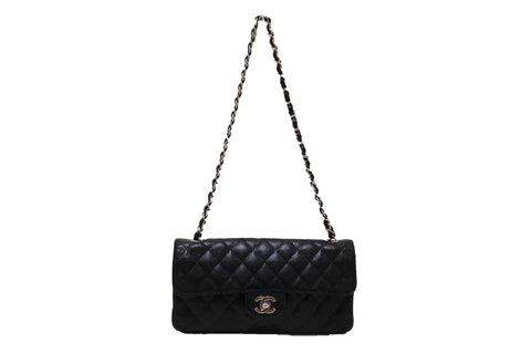 Authentic Chanel Black Quilted Caviar Leather East West Flap Shoulder Bag