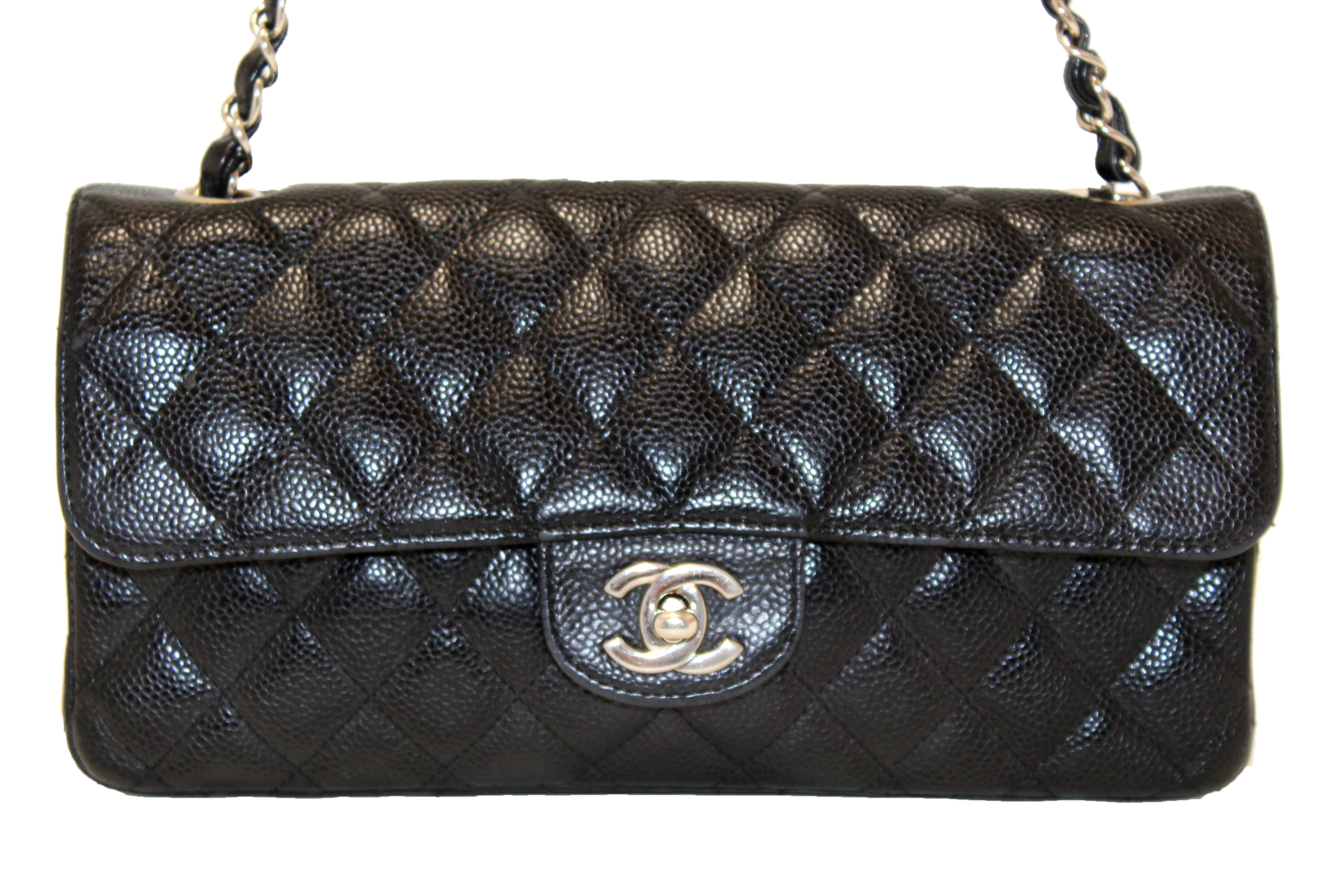 Authentic Chanel Black Quilted Caviar Leather East West Flap Shoulder Bag