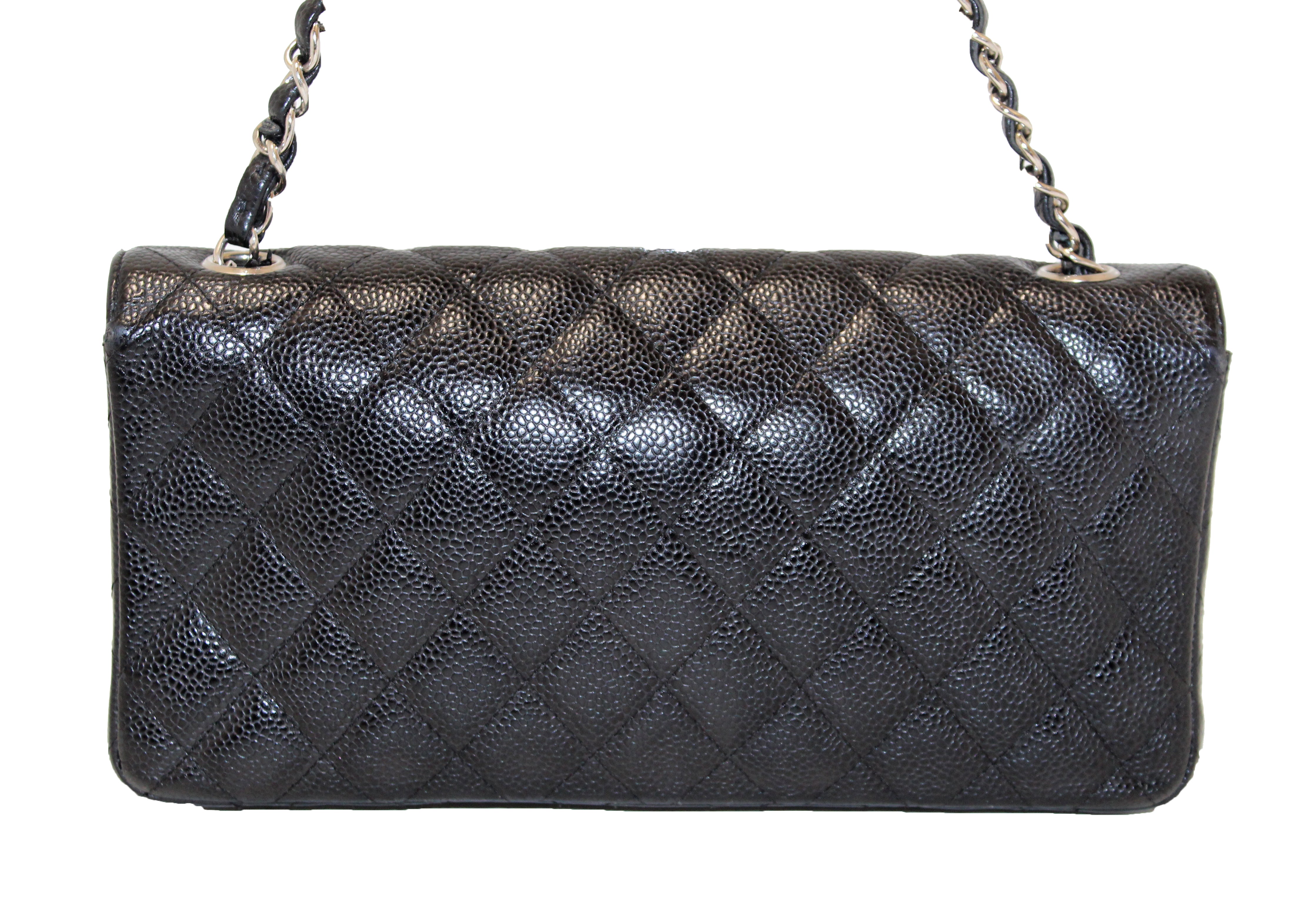 Authentic Chanel Black Quilted Caviar Leather East West Flap Shoulder Bag