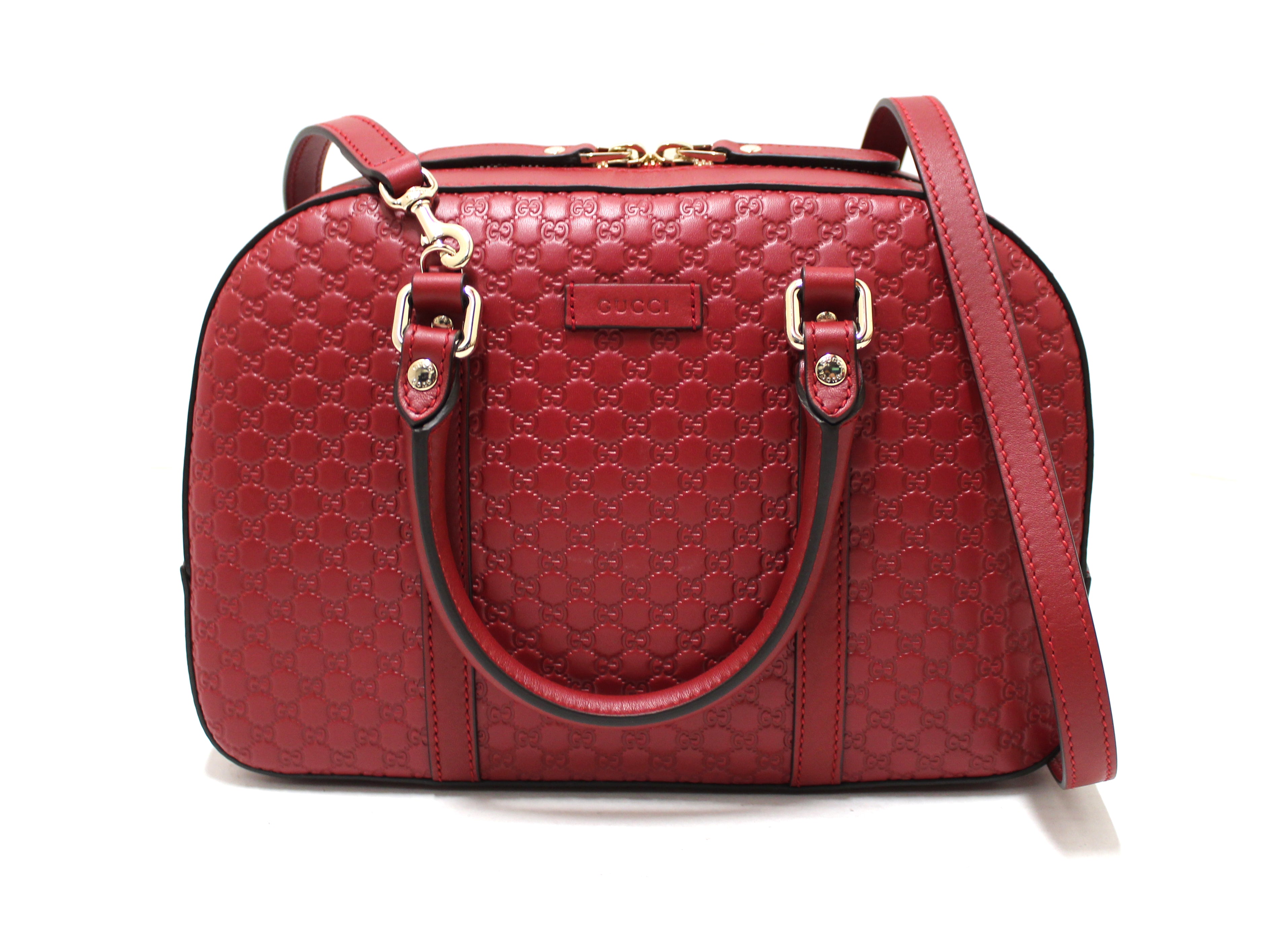 Authentic New Gucci MicroGuccissima Red Leather O Borsa Satchel Boston Bag with Strap 510286