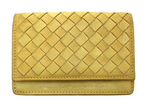 Authentic Bottega Veneta Yellow Nappa Leather Intrecciato Woven Card Case Wallet