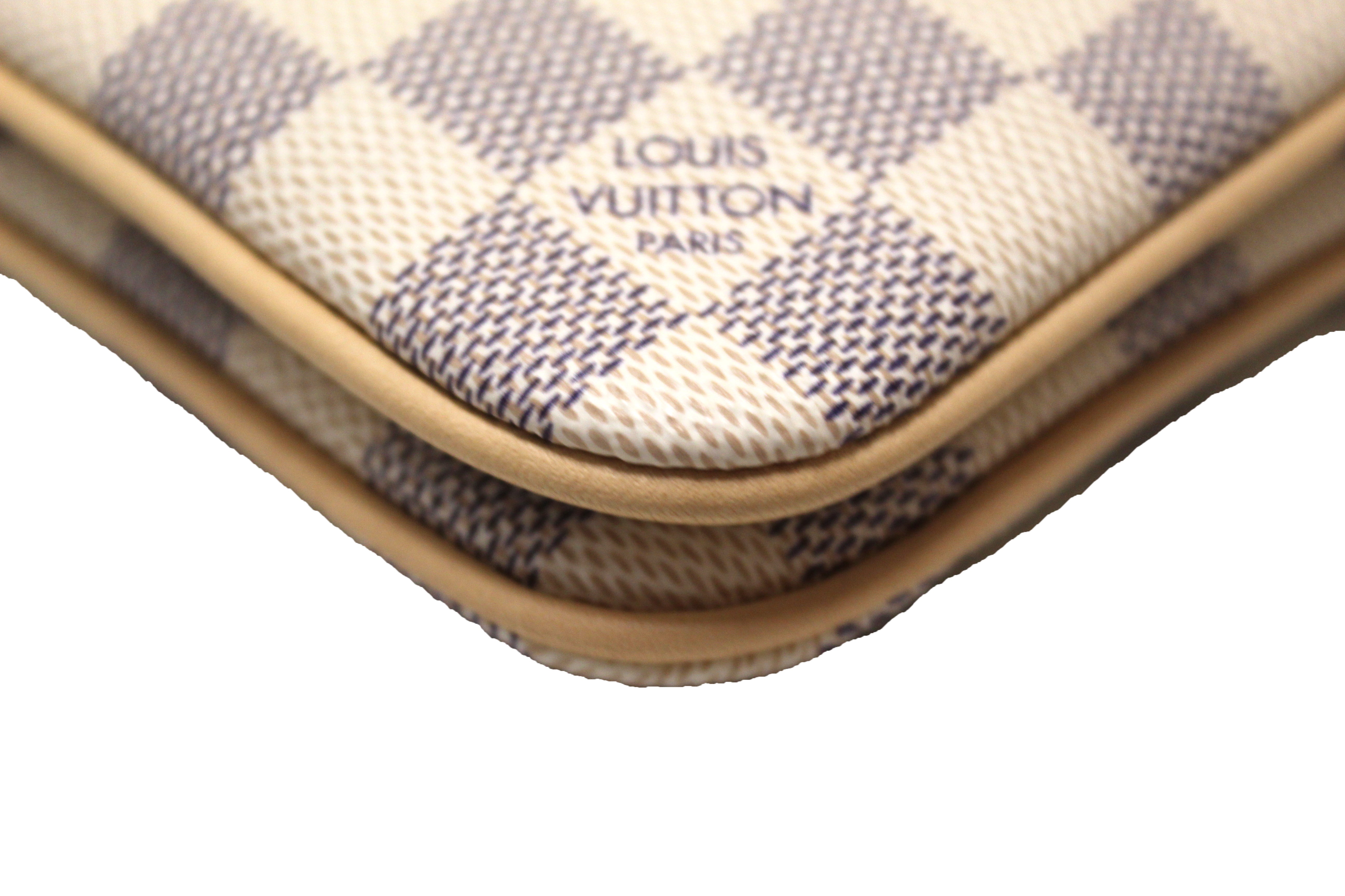 LOUIS VUITTON, Double Zip Pochette, Damier azur canvas, with light  leather details, 2 compartments with zippers, inside a middle compartment,  a smaller compartment and one with space for 3 credit cards, inside