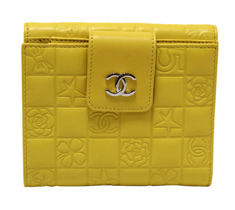 Authentic New Chanel Yellow Lambskin Embossed Lucky Symbols Small Wallet