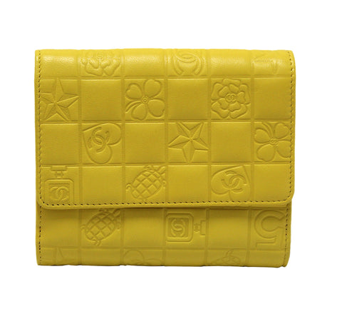 Authentic New Chanel Yellow Lambskin Embossed Lucky Symbols Small Wallet