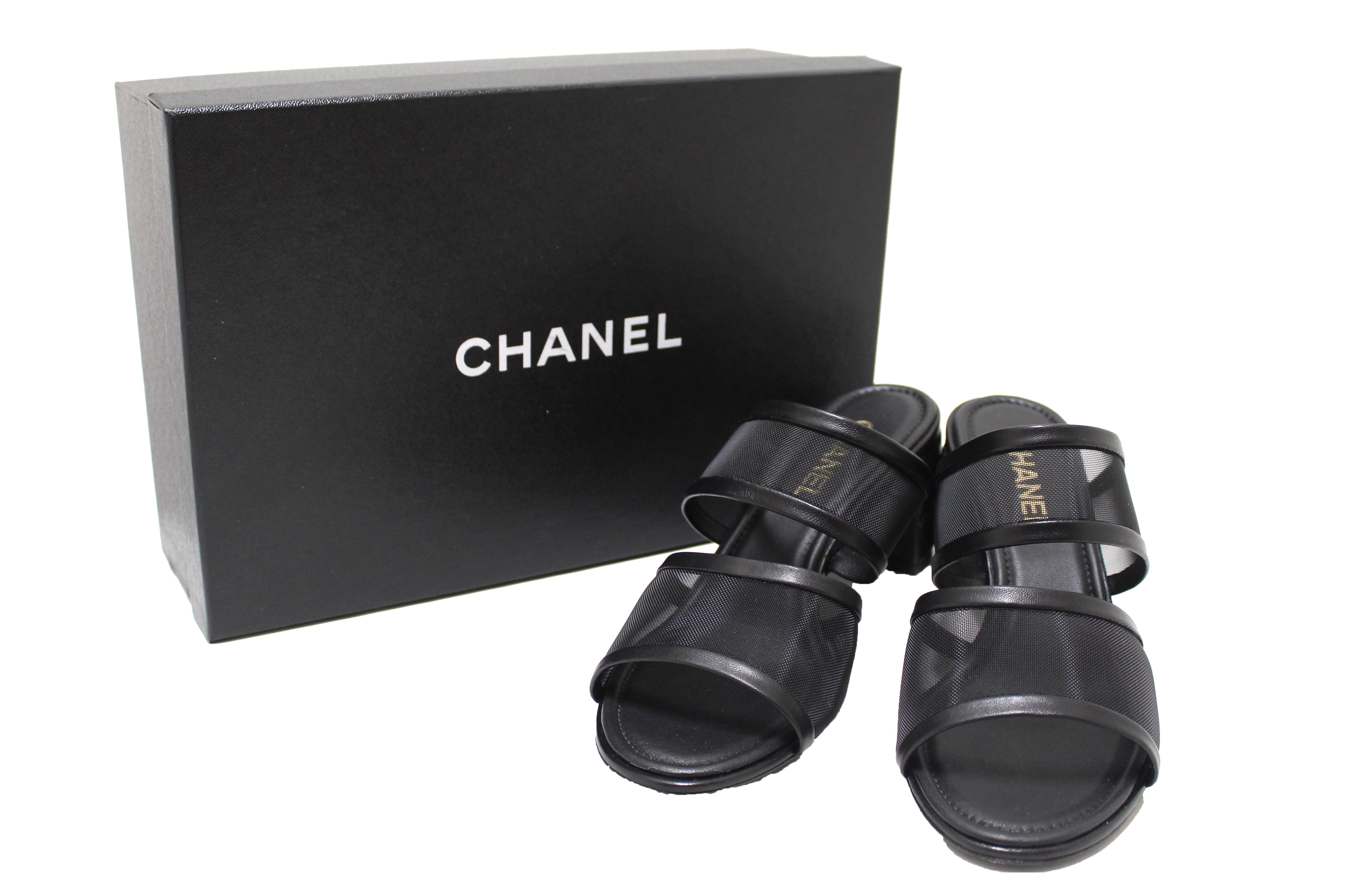 Authentic NEW Chanel Black Lambskin with Mesh Strappy Block-Heel Mules Size  40.5