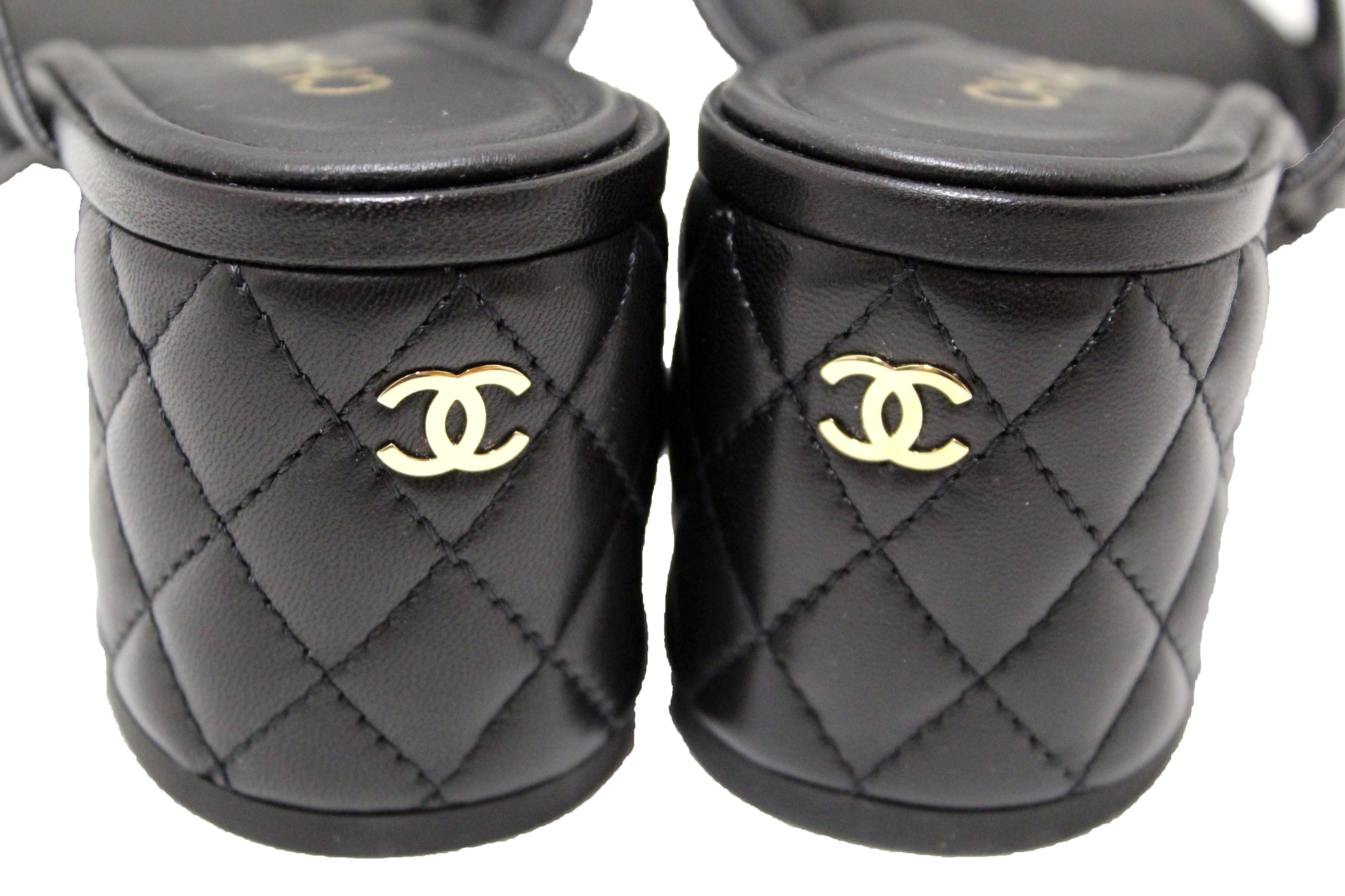 Authentic NEW Chanel Black Lambskin with Mesh Strappy Block-Heel Mules Size 40.5