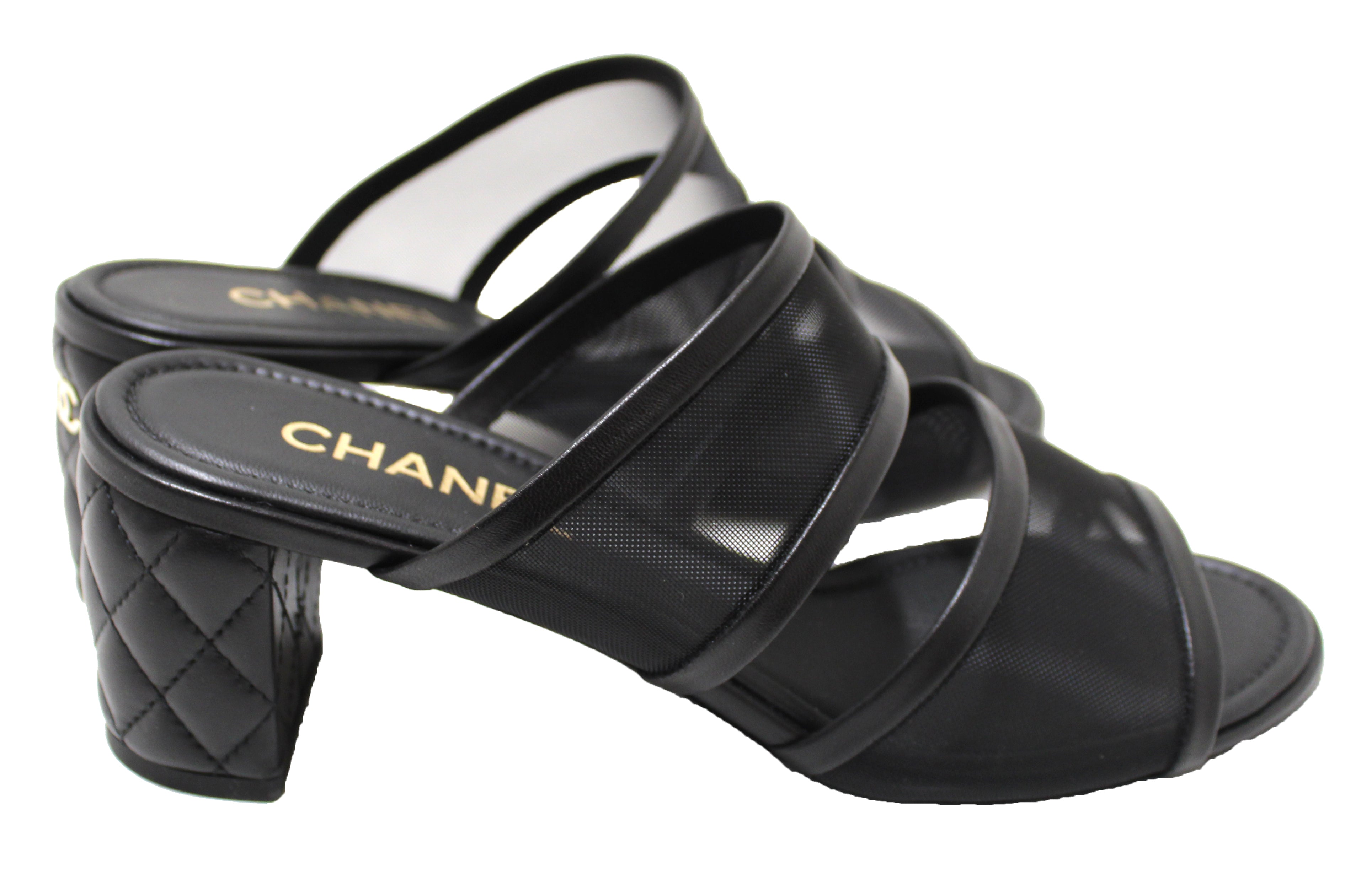 CHANEL Lambskin Quilted CC Mules Sandals 40 Black 1130856