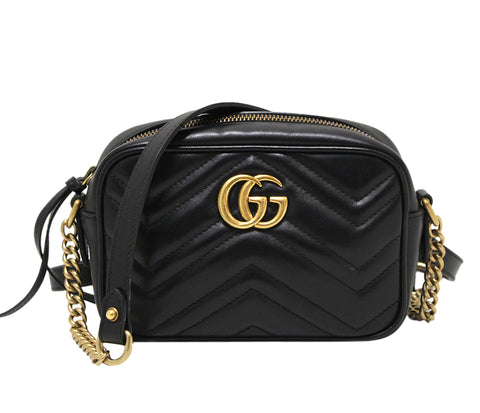 Authentic Gucci Black Marmont Matelasse Leather Mini Camera Crossbody Bag