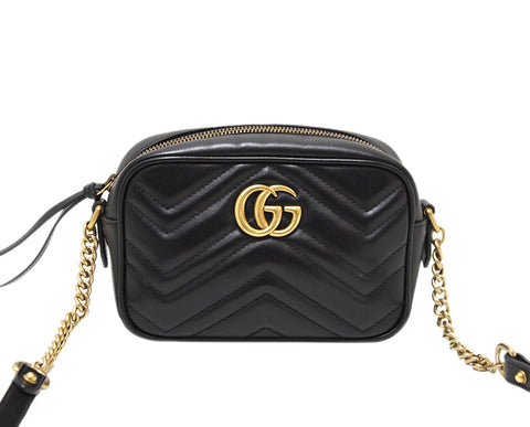 Authentic Gucci Black Marmont Matelasse Leather Mini Camera Crossbody Bag