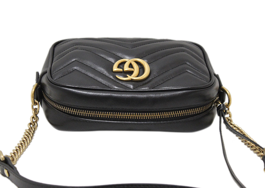 Authentic Gucci Black Marmont Matelasse Leather Mini Camera Crossbody Bag
