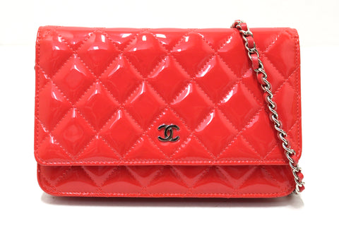 Authentic Chanel Red Quilted Patent Leather Wallet On Chain WOC Messenger Bag