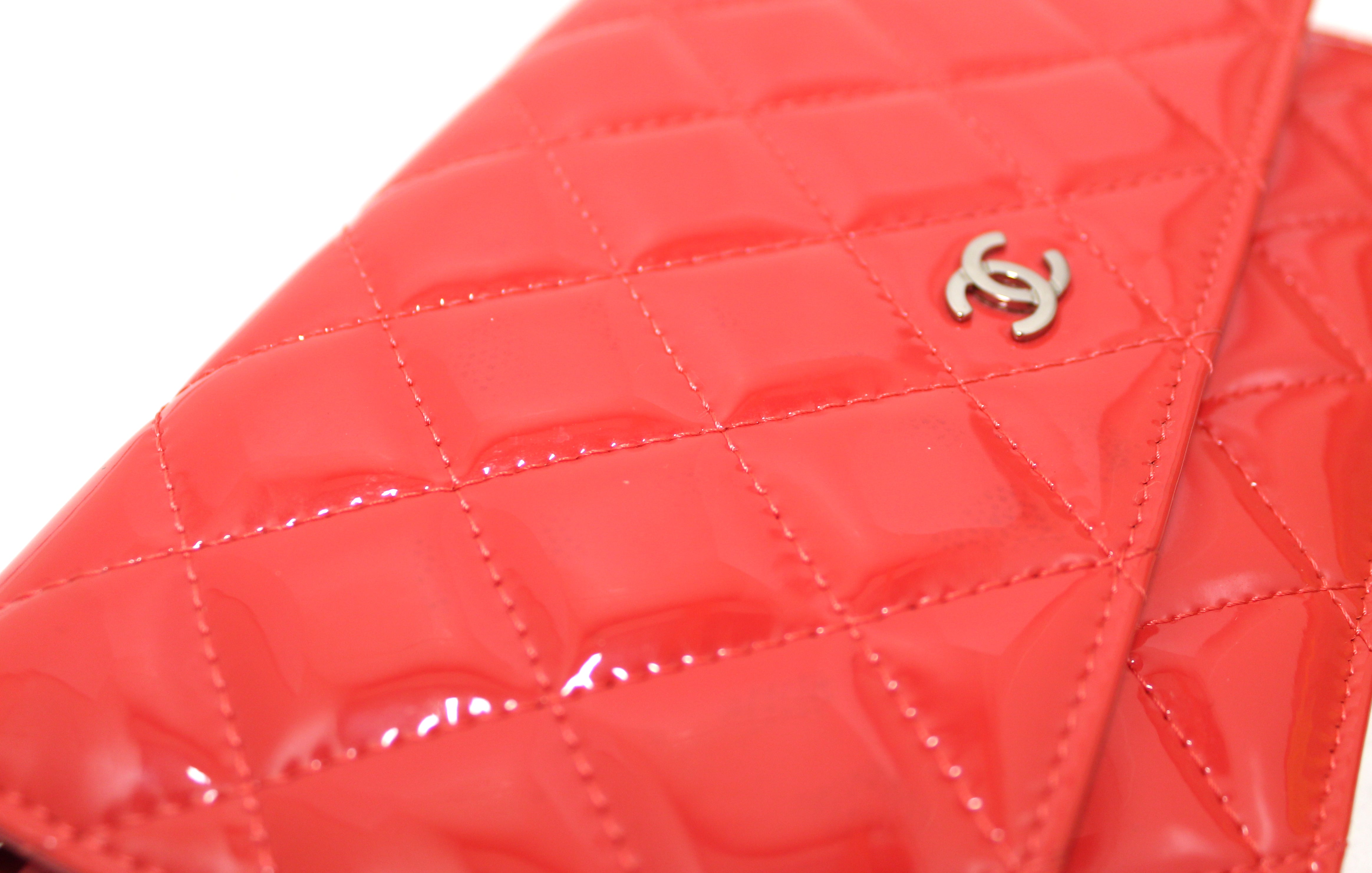 Authentic Chanel Red Quilted Patent Leather Wallet On Chain WOC Messenger Bag