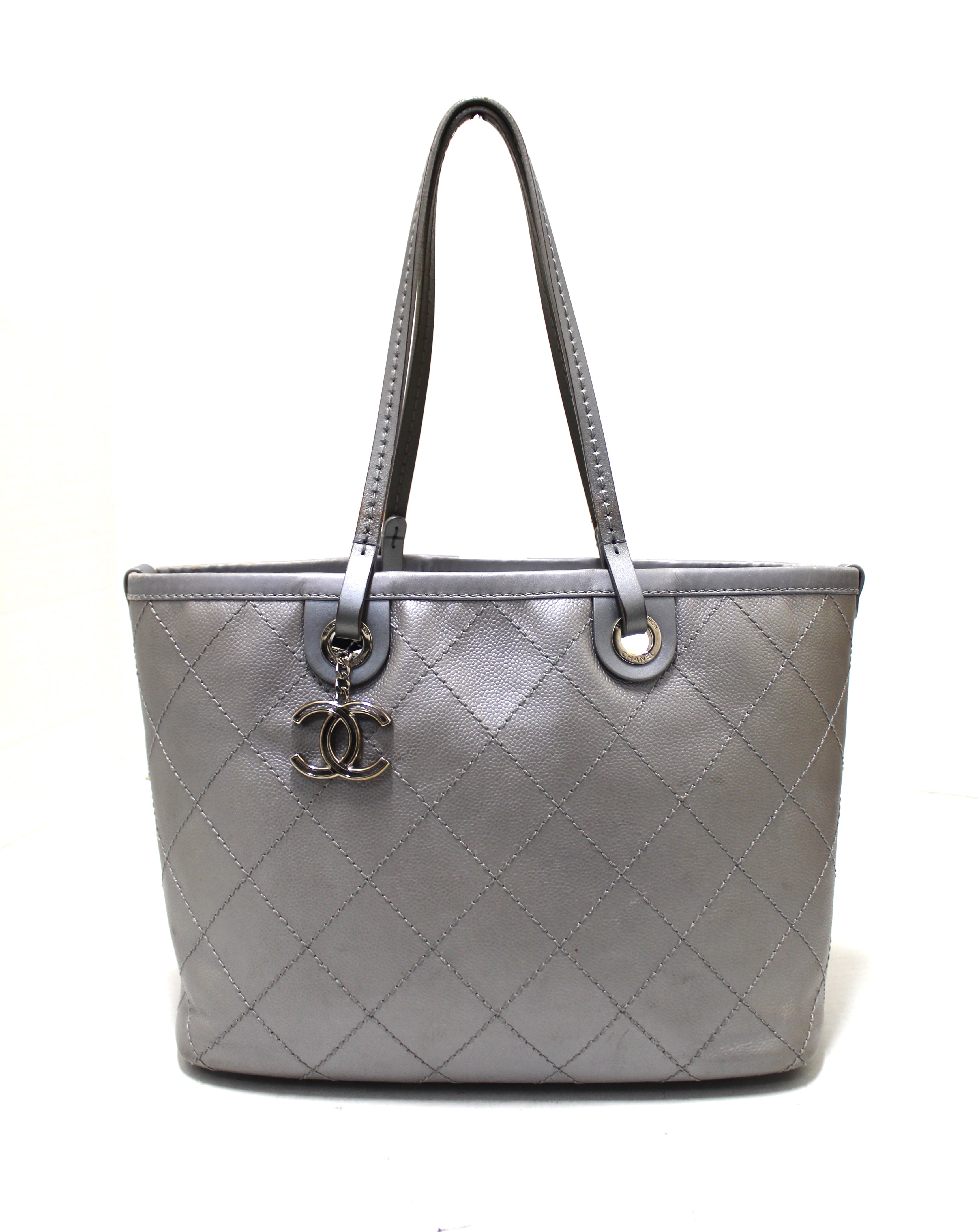Chanel Grey Quilted Caviar Leather CC Charm Chain Tote Chanel