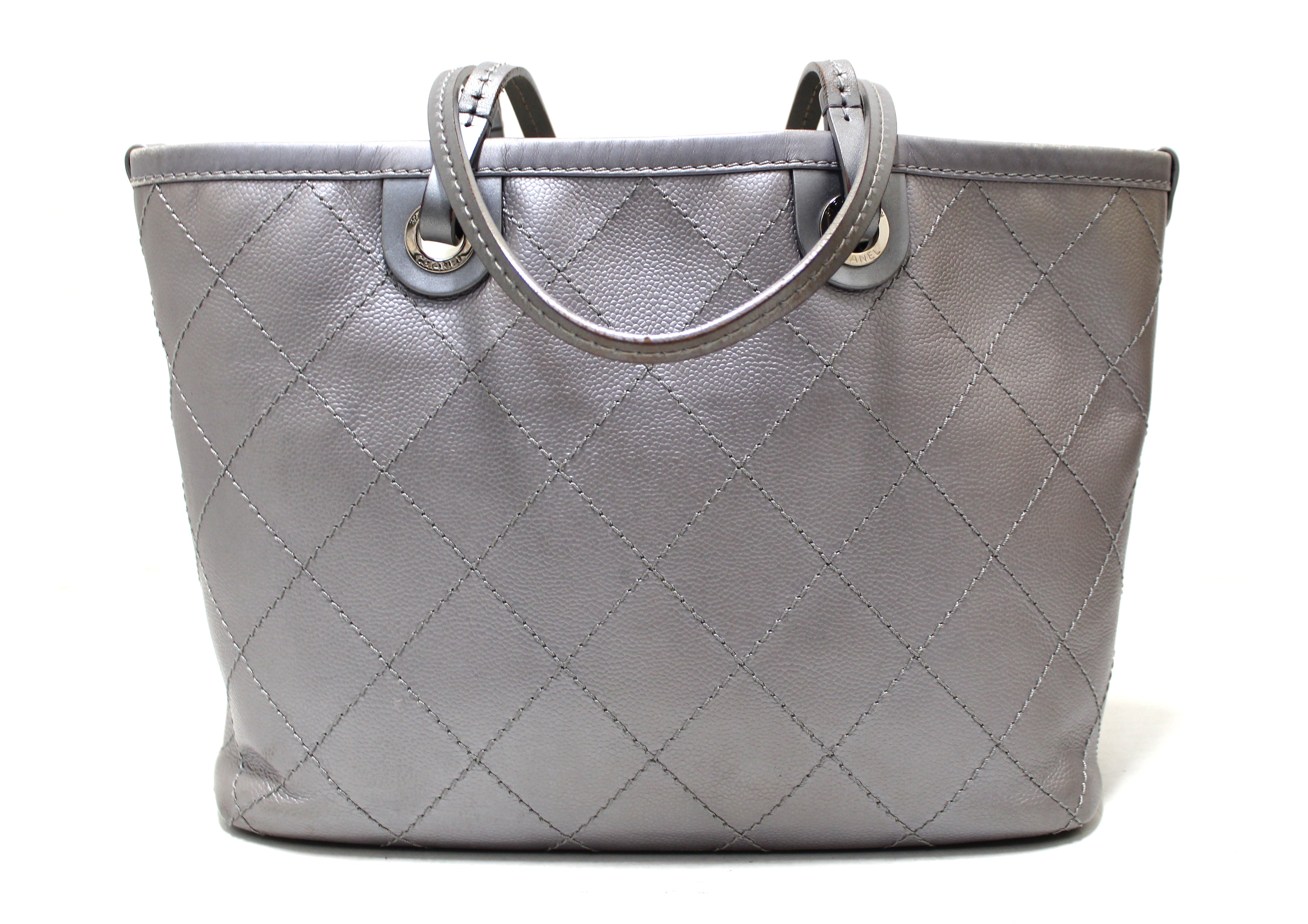 Authentic Chanel Silver Fever Caviar Quilted Shoulder Tote Bag