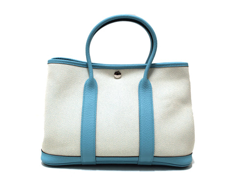 Authentic New Hermes Teal and White Toile and Leather Garden Party 30 Tote Hand Bag