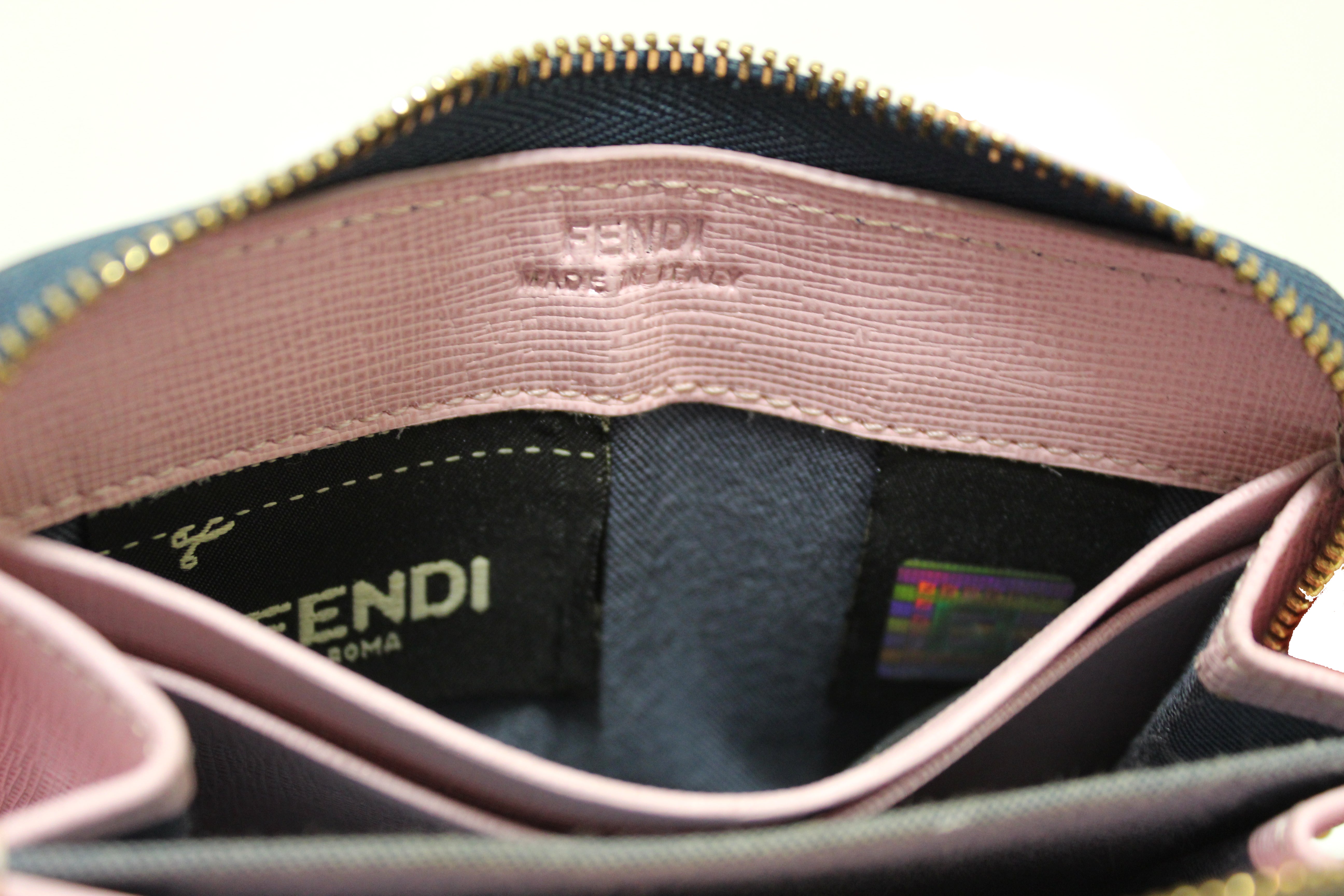 Authentic Rare Fendi Blue/Purple/Pink Leather Monster Eyes Swarovski Crystal Small Zippy Wallet
