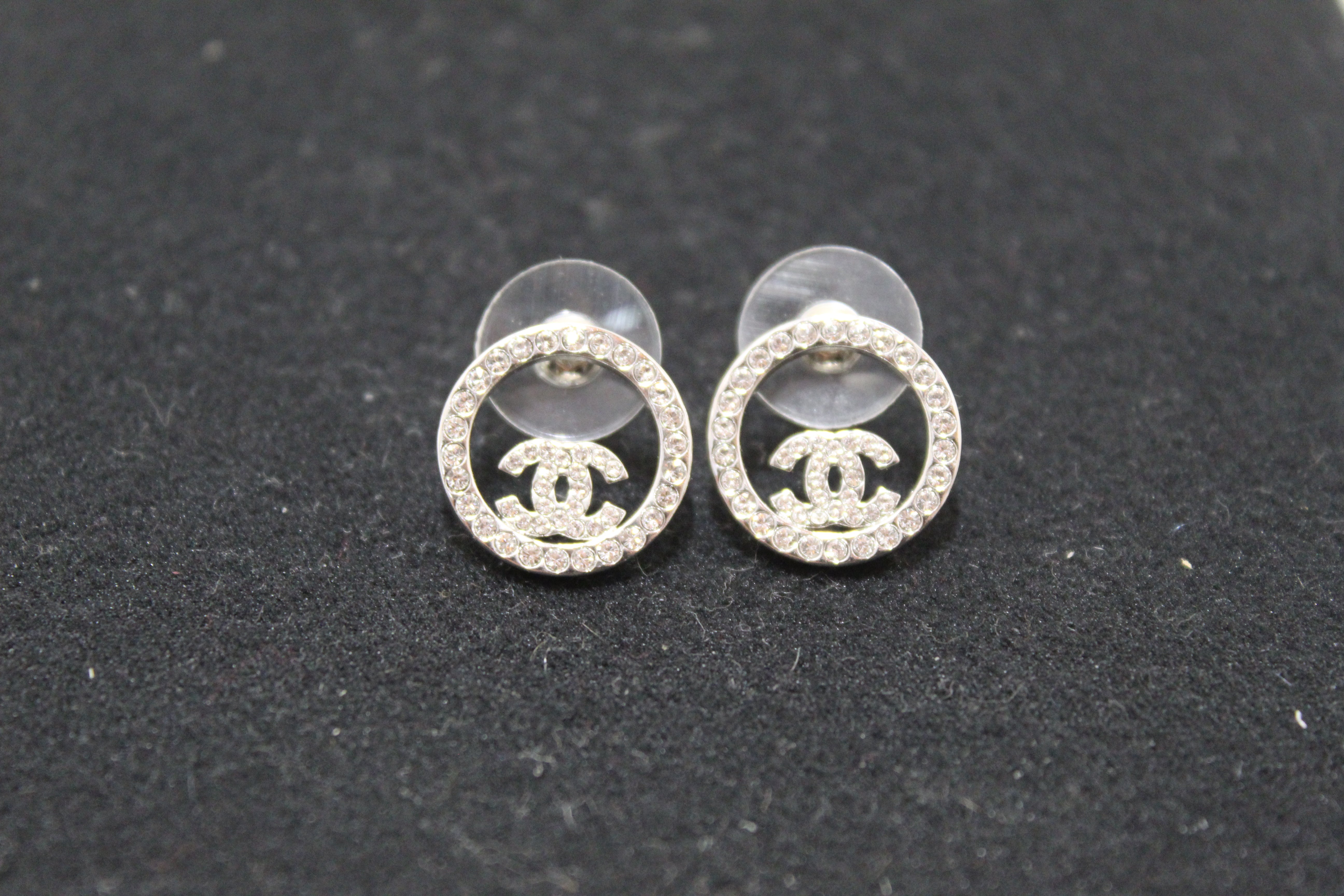 Authentic Chanel Classic CC Logo Crystal Strass Silver Stud Earrings