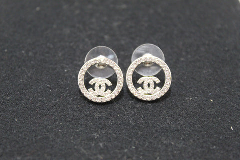 Authentic Chanel Silver Crystal Round CC Stud Earrings