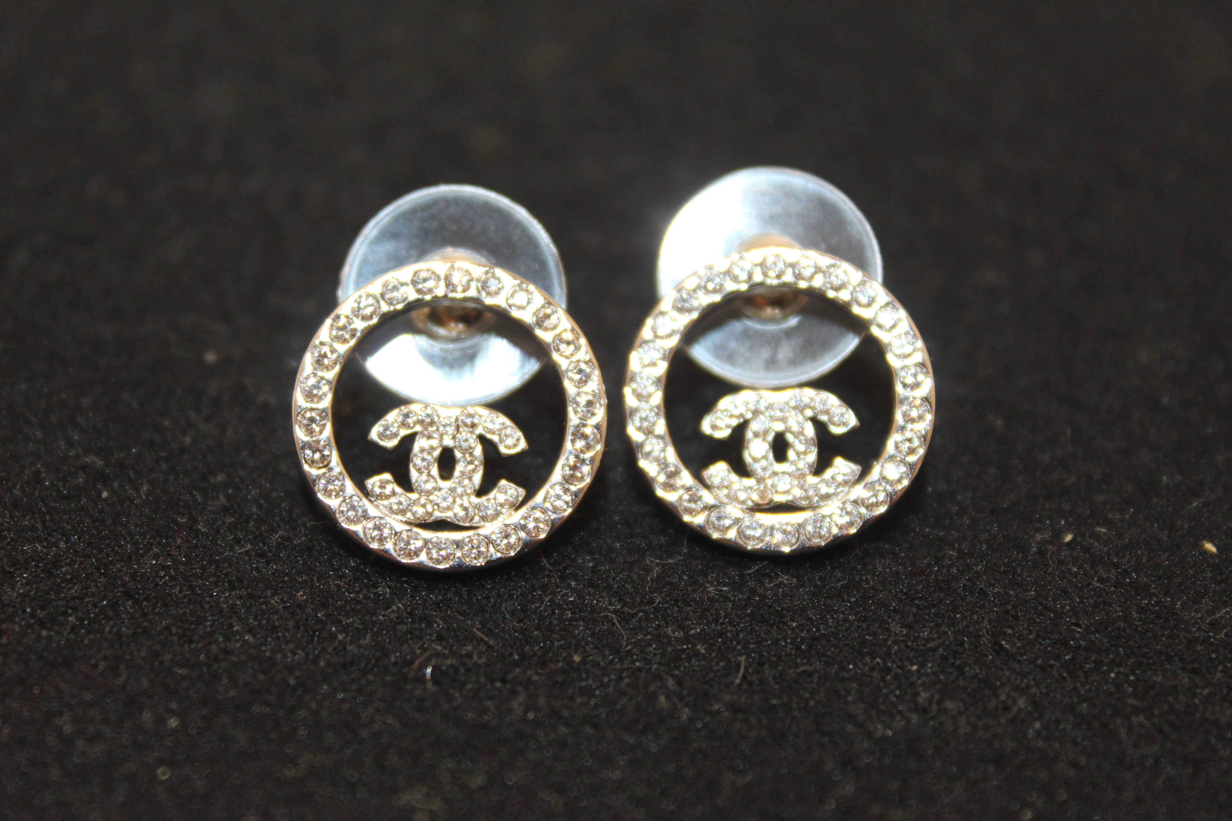 Authentic Chanel Silver Crystal Round CC Stud Earrings – Paris