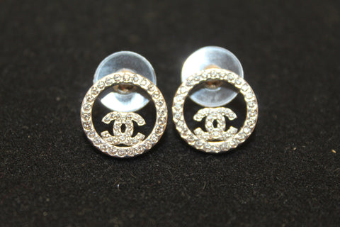 Authentic Chanel Silver Crystal Round CC Stud Earrings