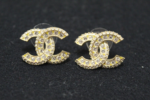 Authentic Chanel Classic CC Gold Timeless Crystal Chain Earrings