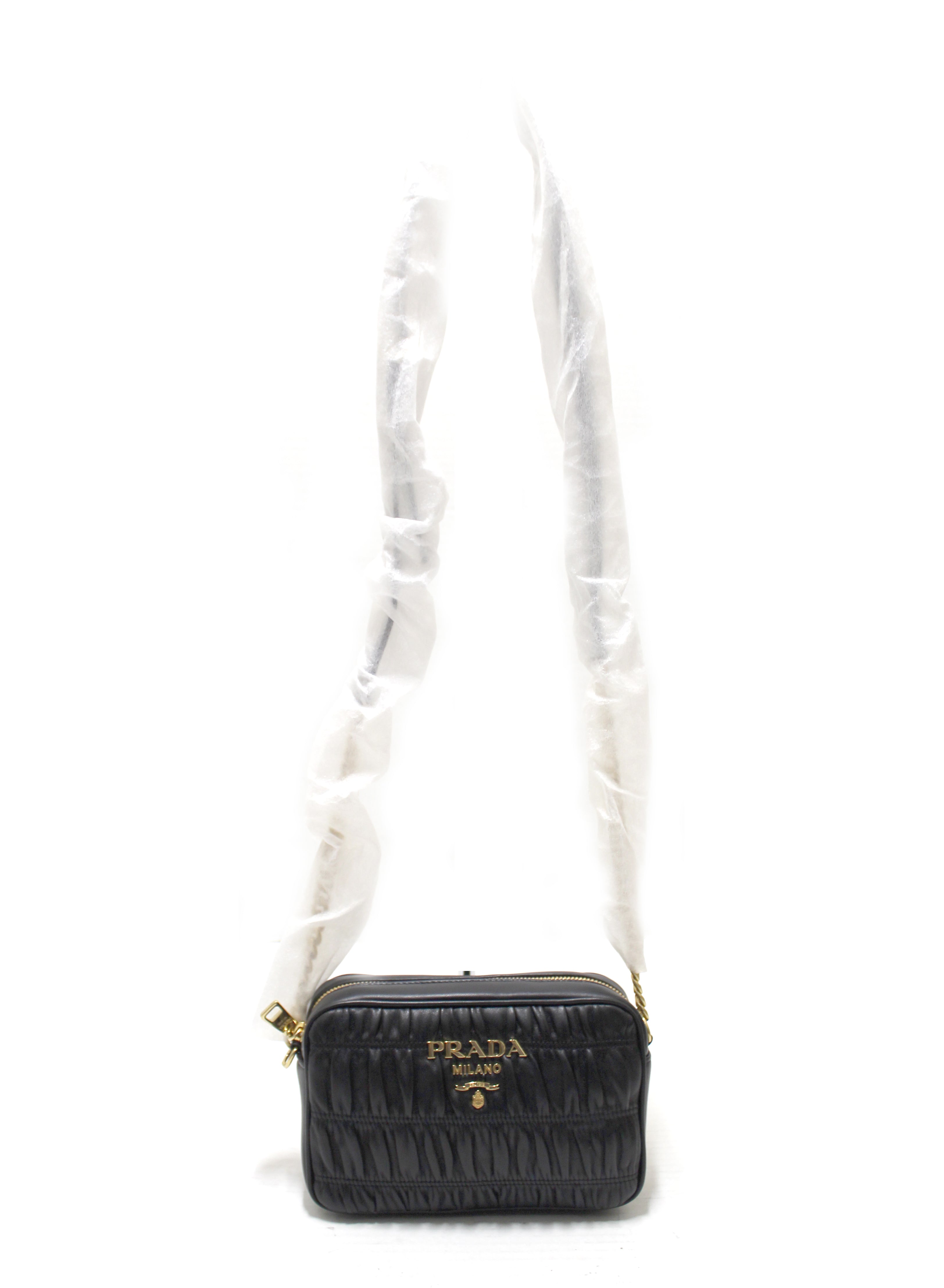 Authentic New Prada Black Nappa Gaufre Leather Bandoliera Camera Messenger Bag 1BH112
