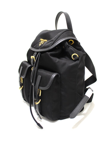 Authentic New Prada Black Nylon Small Backpack with Gold Hardware 1BZ677