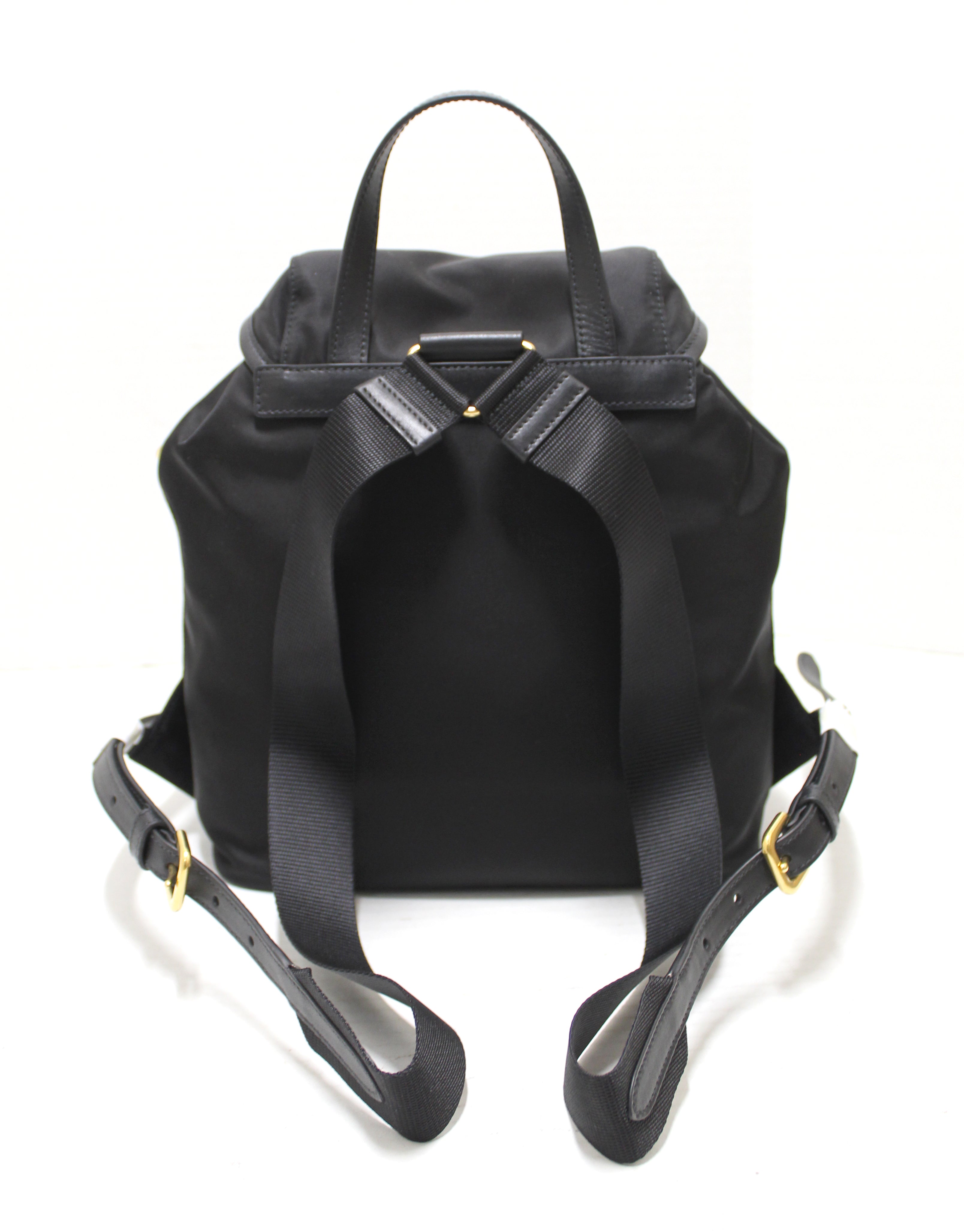 Authentic New Prada Black Nylon Small Backpack with Gold Hardware 1BZ677