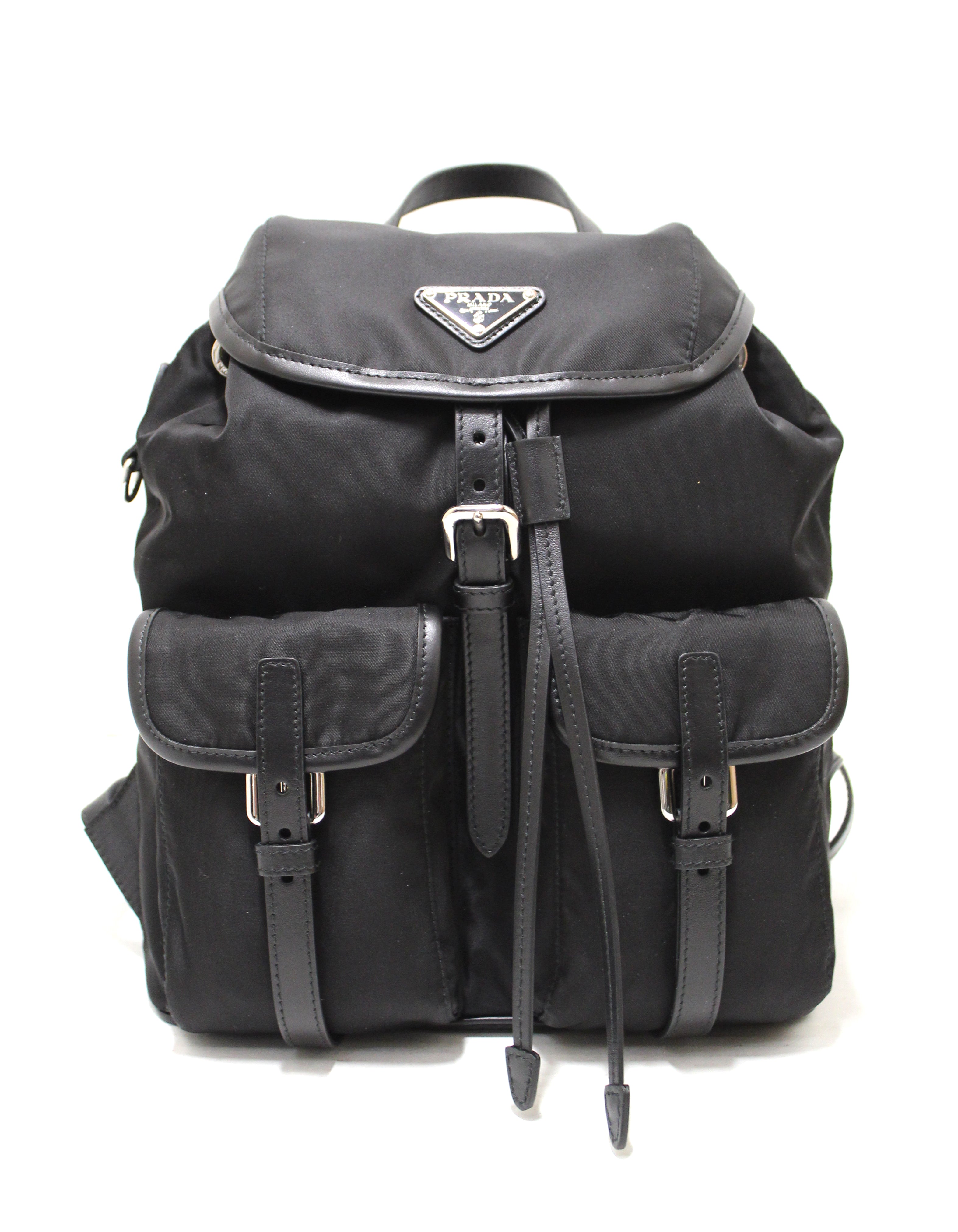Authentic New Prada Black Nylon Small Backpack with Silver Hardware 1BZ677