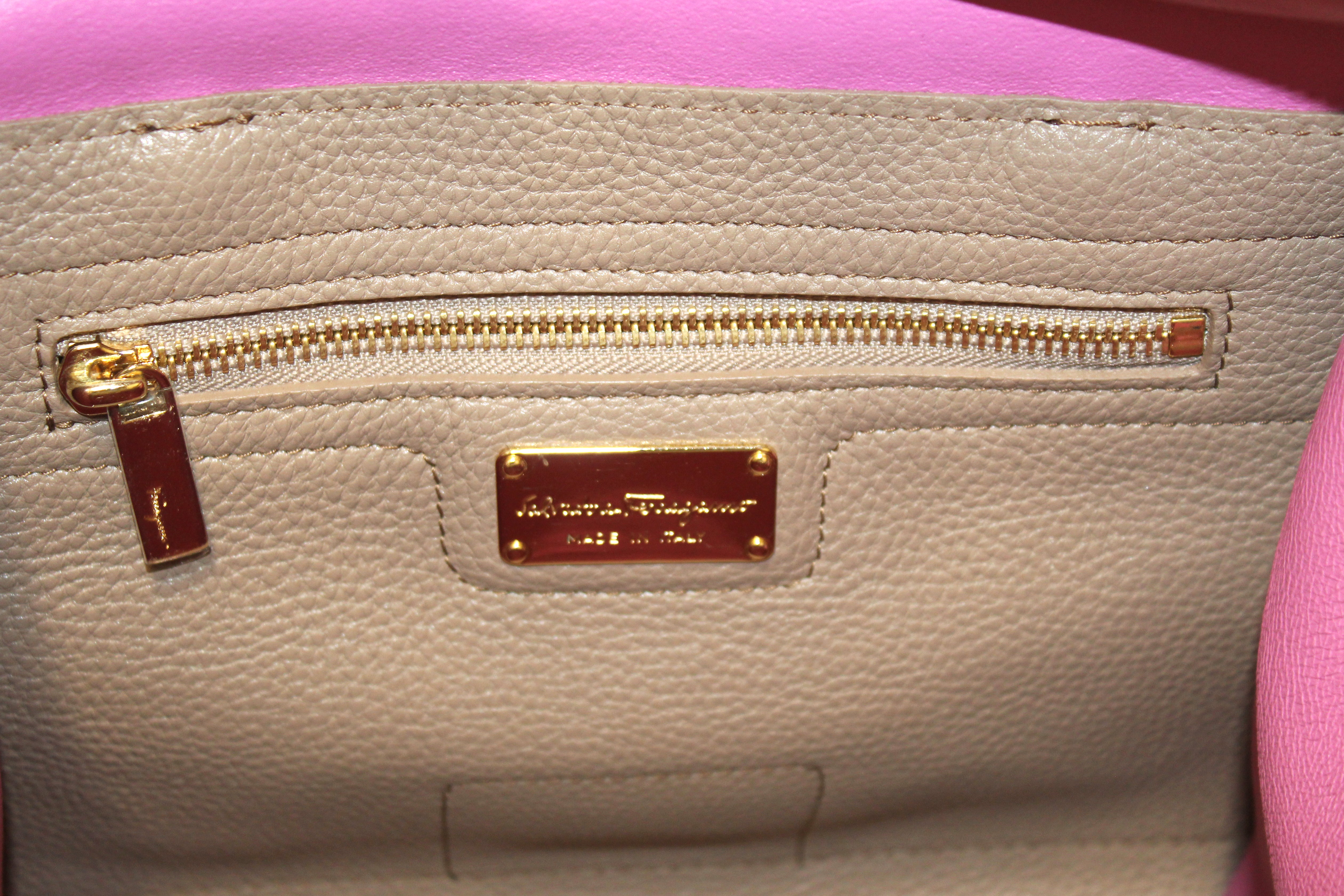 Authentic Salvatore Ferragamo Taupe Pink Bi-color Leather Double Handle bag