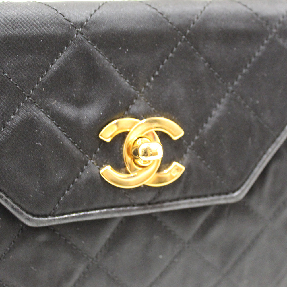 Authentic Chanel Vintage Black Satin Octagon Classic Chain Bag