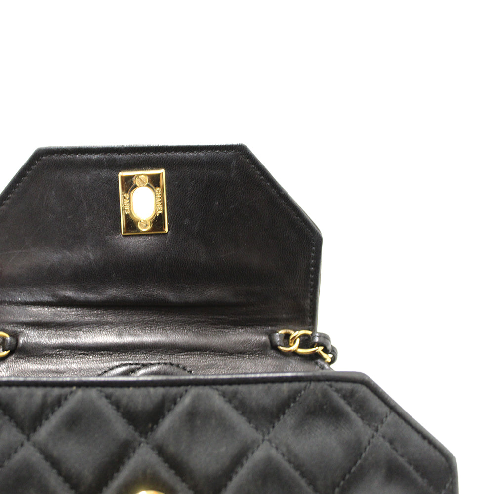 Authentic Chanel Vintage Black Satin Octagon Classic Chain Bag