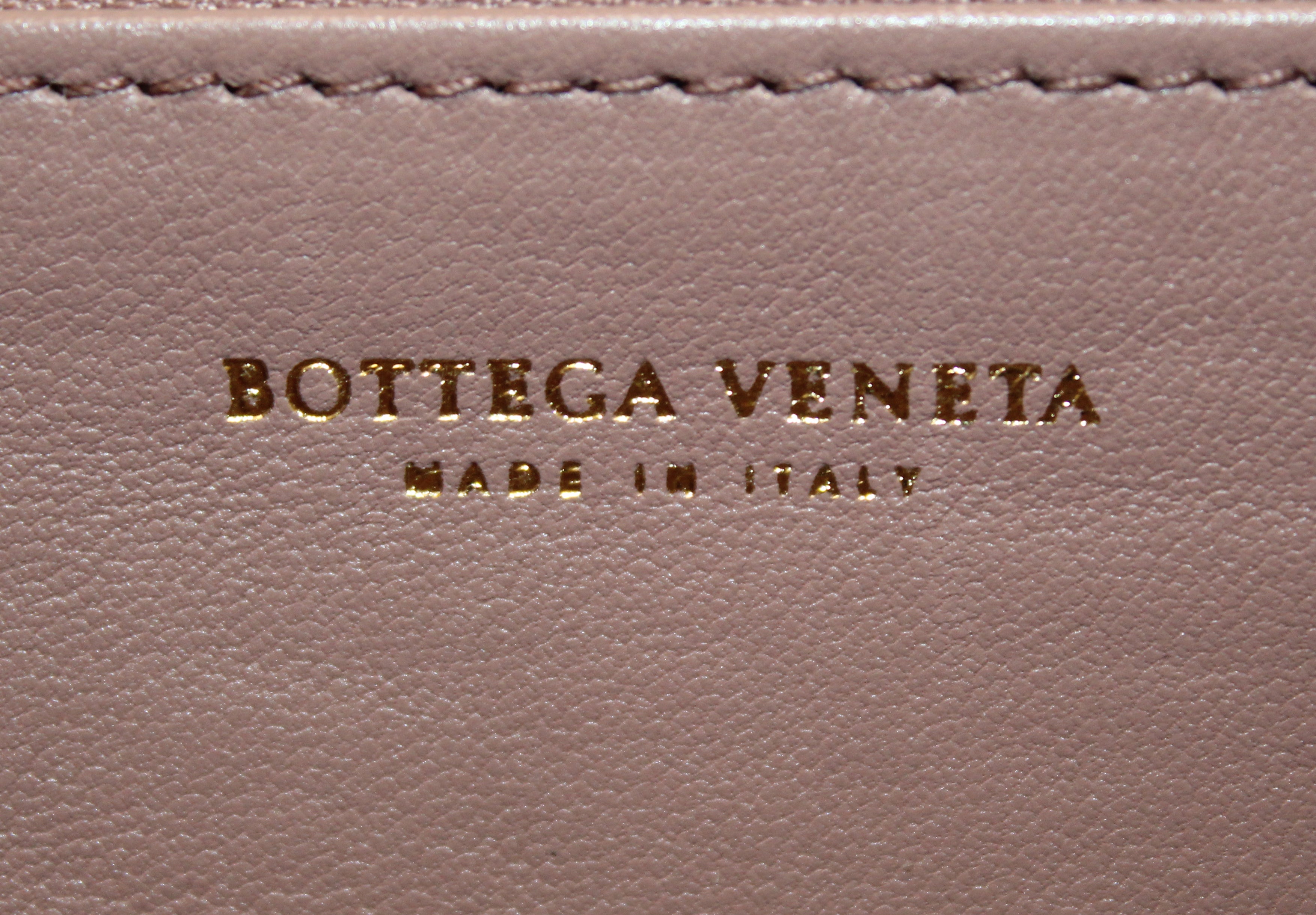 Authentic Bottega Veneta Dusty Rose Nappa Intrecciato Leather Zip Around Wallet