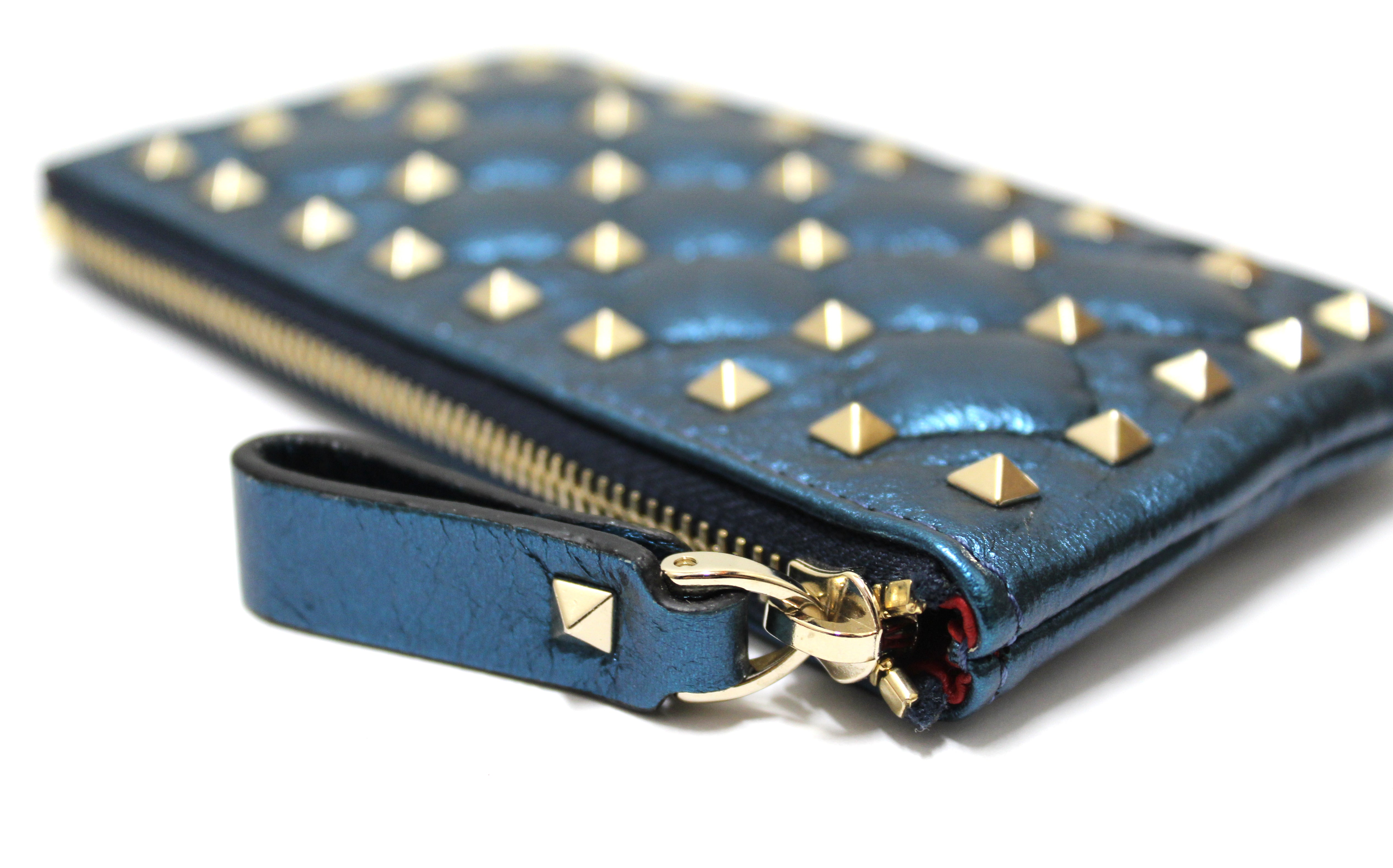 Authentic New Valentino Metallic Blue Craquele Lambskin Rockstud Spike Key Coin Card Pouch