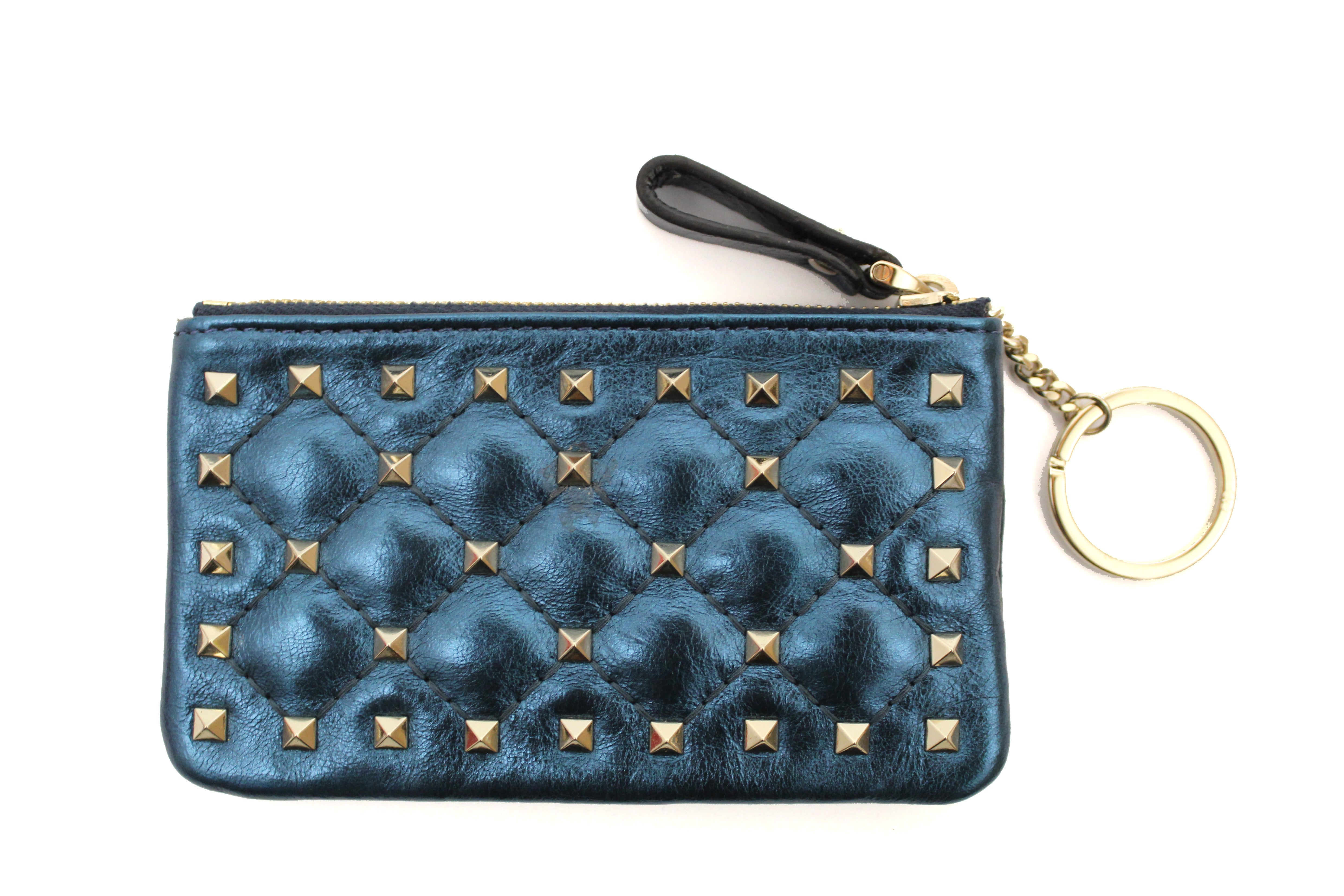 Authentic New Valentino Metallic Blue Craquele Lambskin Rockstud Spike Key Coin Card Pouch
