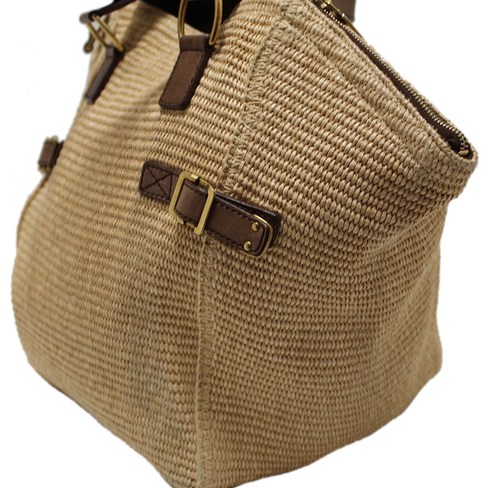 Authentic YSL Yves Saint Laurent Raffia Straw Beige Downtown Shoulder Tote Bag