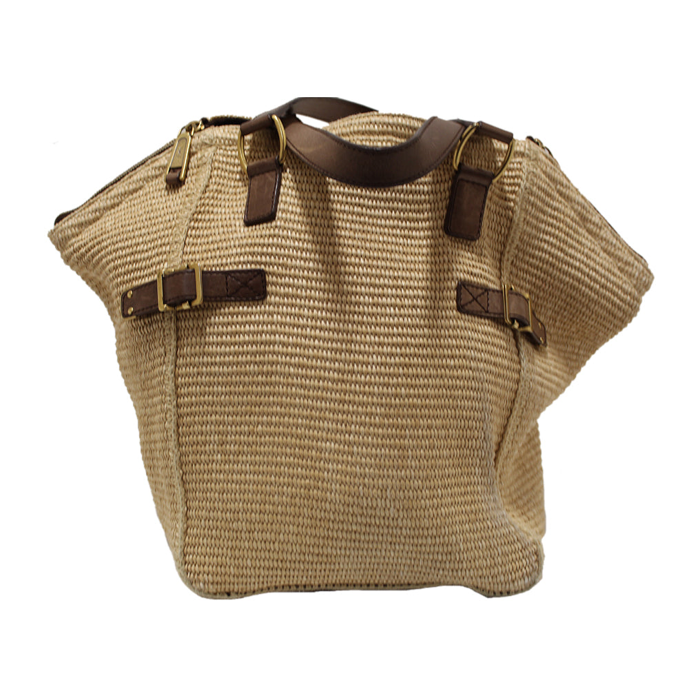 Authentic YSL Yves Saint Laurent Raffia Straw Beige Downtown Shoulder Tote Bag
