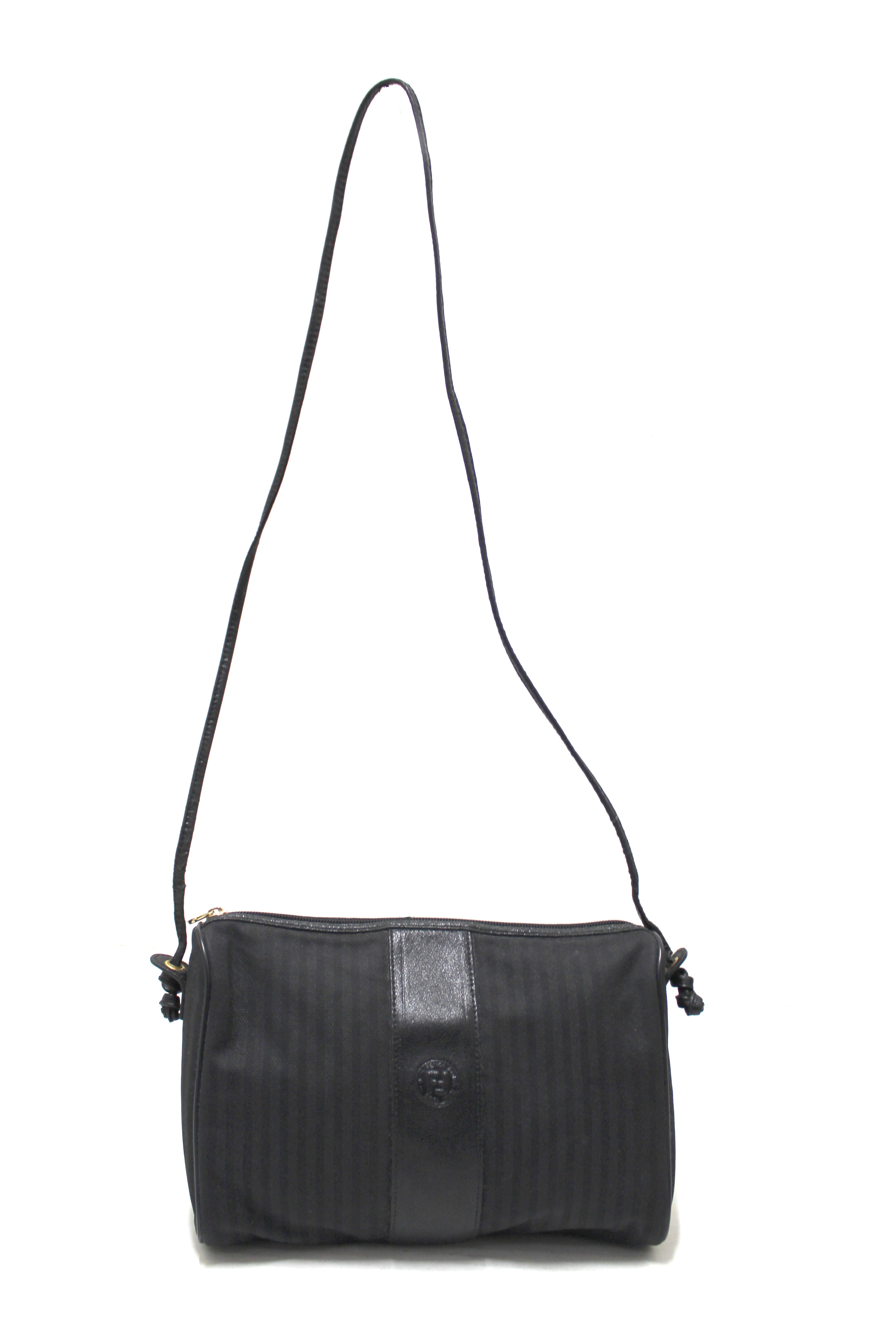 Authentic Fendi Vintage Black Canvas Striped Messenger Crossbody Bag