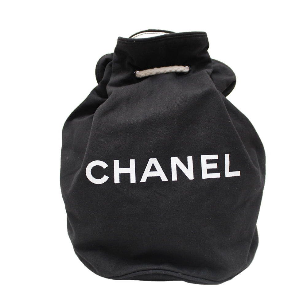 Authentic Chanel Black Logo Canvas Big Drawstring Cosmetic Bag