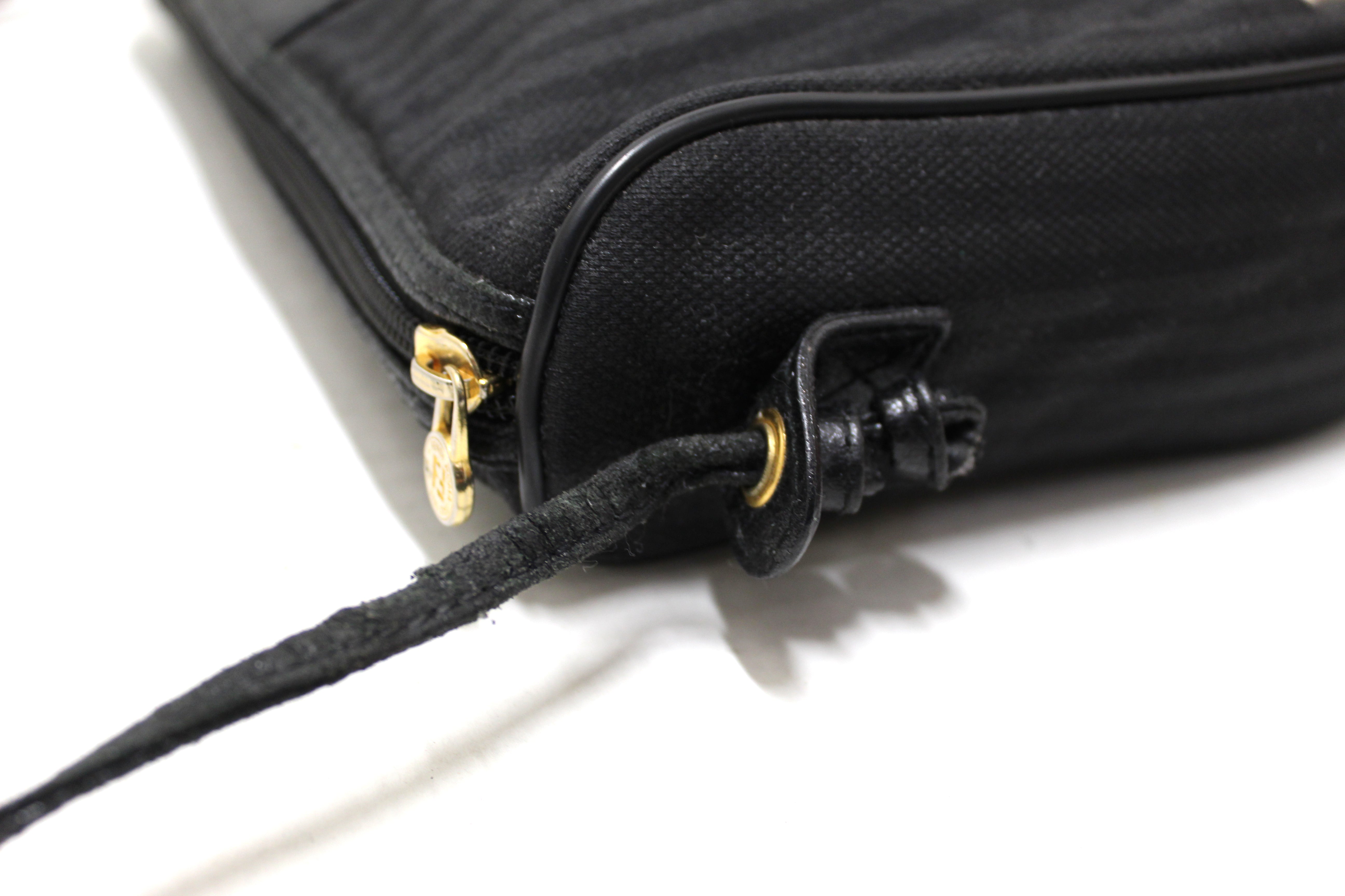 Authentic Fendi Vintage Black Canvas Striped Messenger Crossbody Bag
