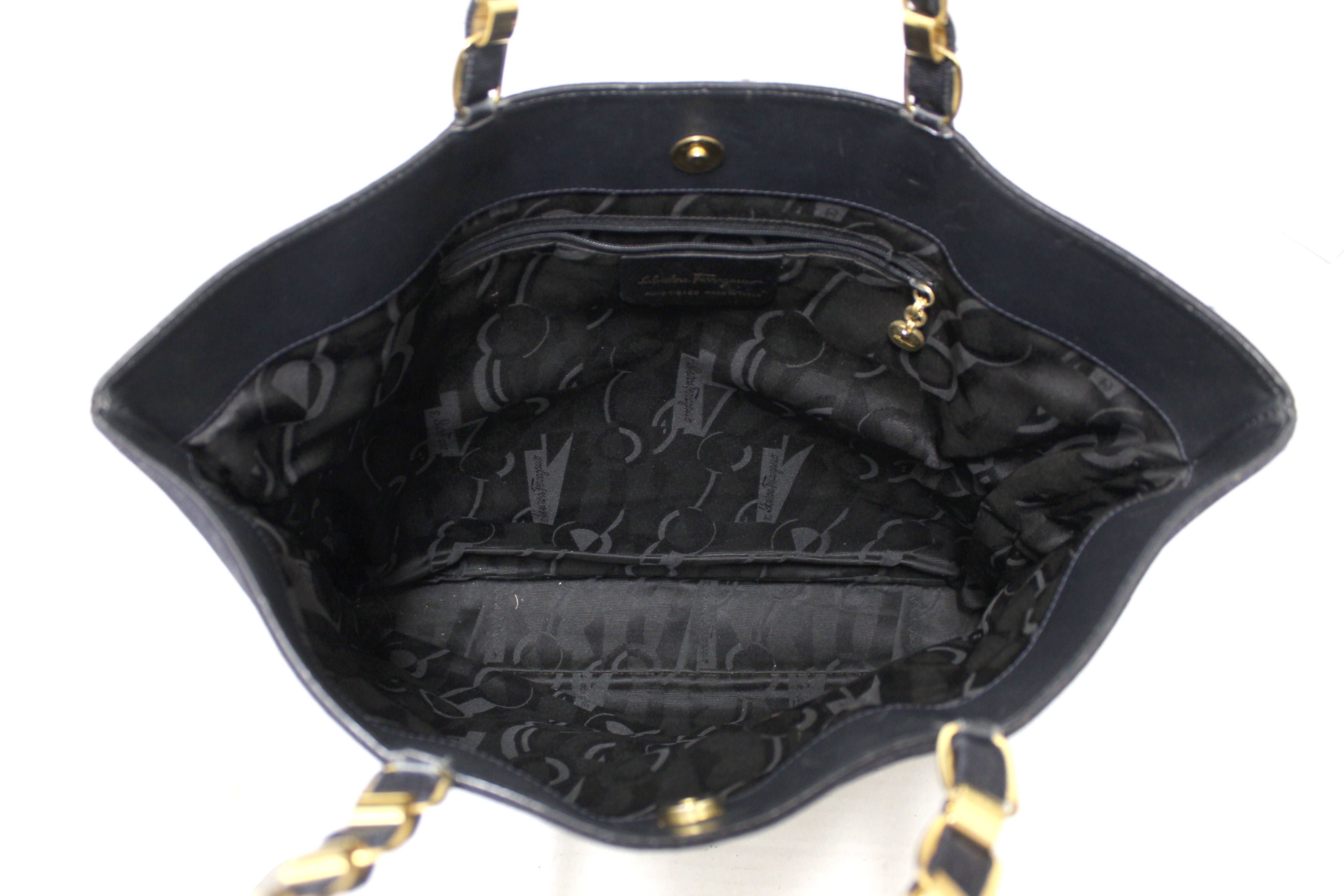 Authentic Salvatore Ferragamo Black Canvas Tote Shoulder Bag