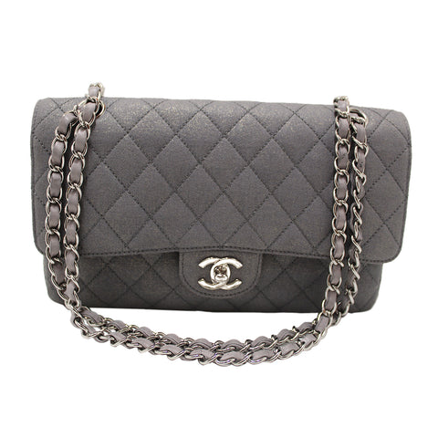 Authentic Chanel Grey Glitter Canvas Medium Classic Flap Shoulder Chain Bag