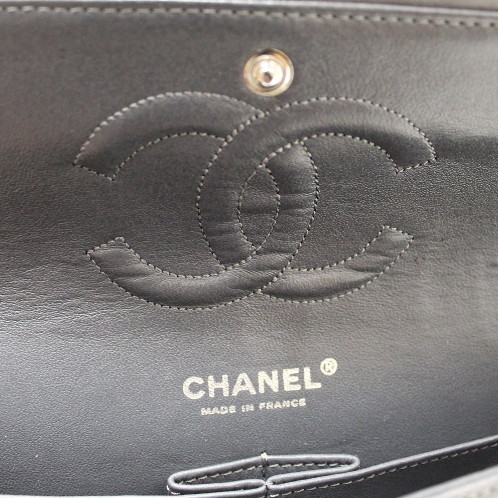 Authentic Chanel Grey Glitter Canvas Medium Classic Flap Shoulder Chain Bag