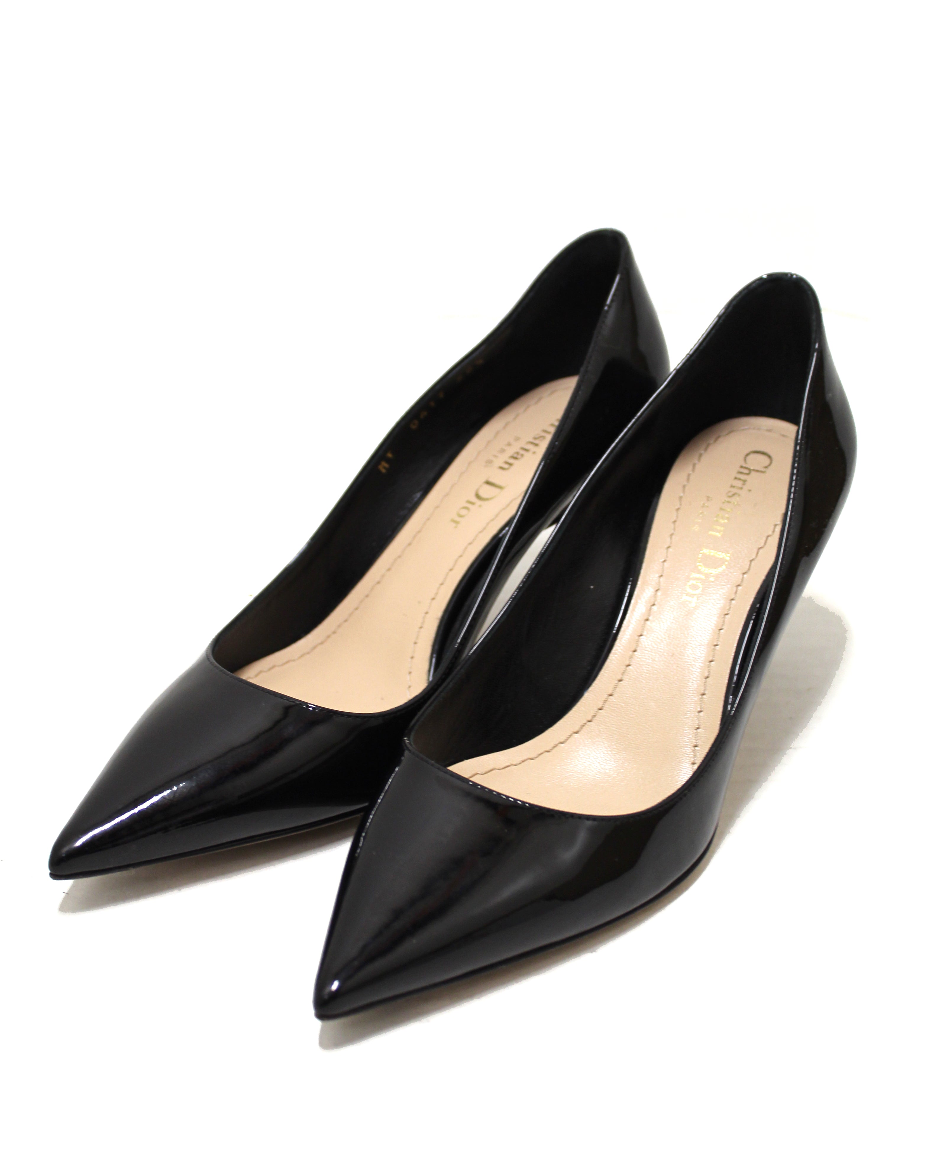 Authentic Christian Dior Black Patent Leather Pointed Toe Pumps Size 35.5