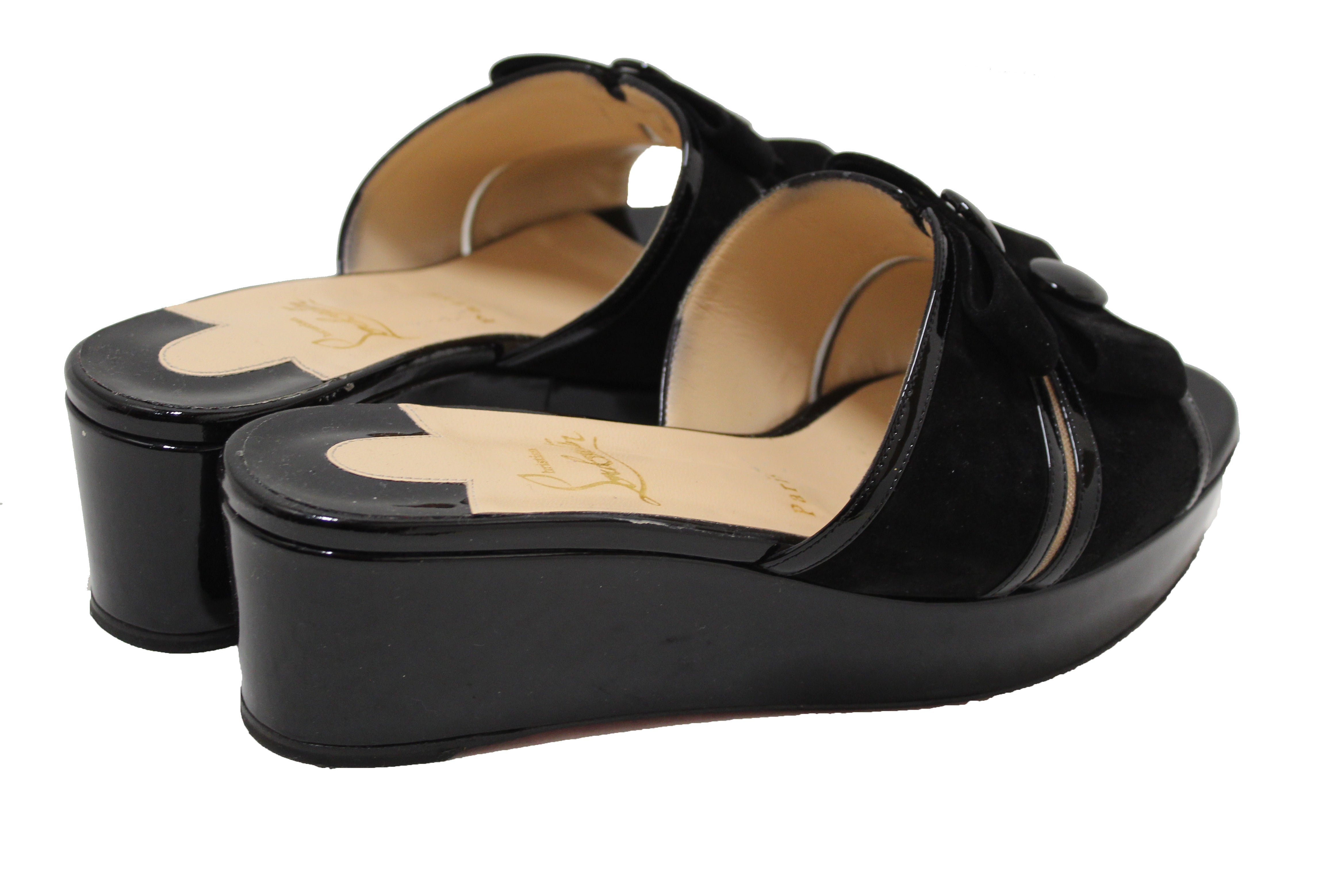 Authentic Christian Dior Black Patent Leather Daisy Doll Platform Sandals Shoes Size 40