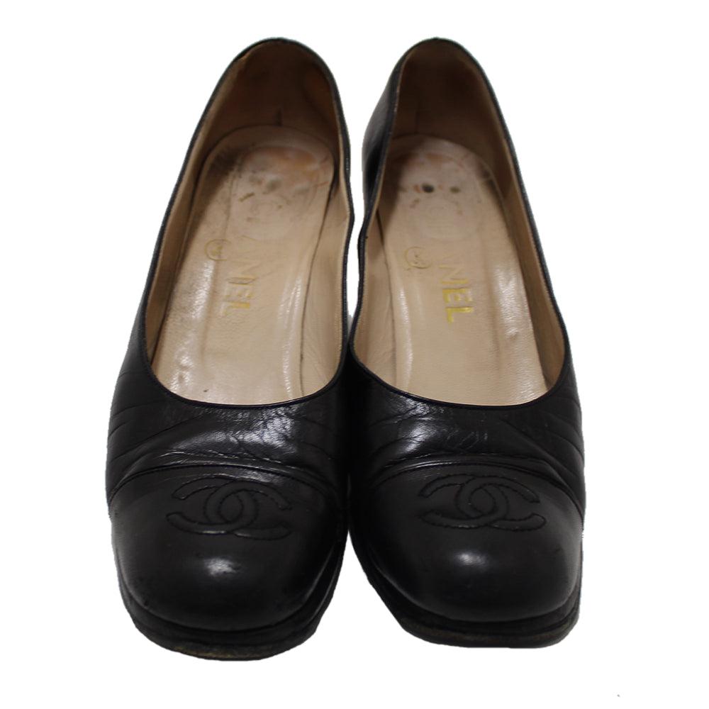 Authentic Chanel Black Leather Classic Cap Toe Heels Pumps Shoes