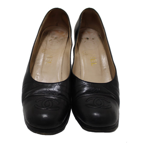 Authentic Chanel Black Leather Classic Cap Toe Heels Pumps Shoes Size 38