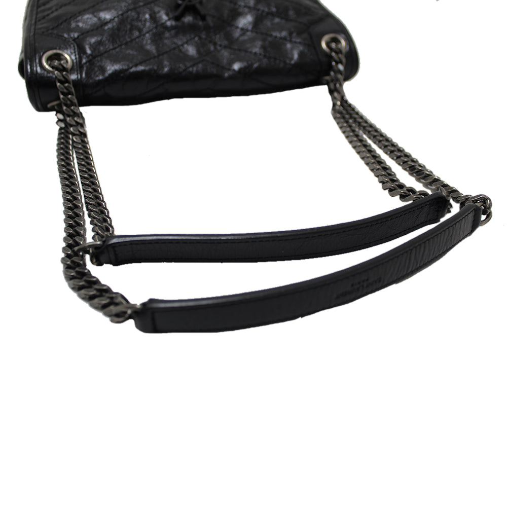 Authentic YSL Yves Saint Laurent Black Crinkled Leather Medium Niki Shoulder Bag