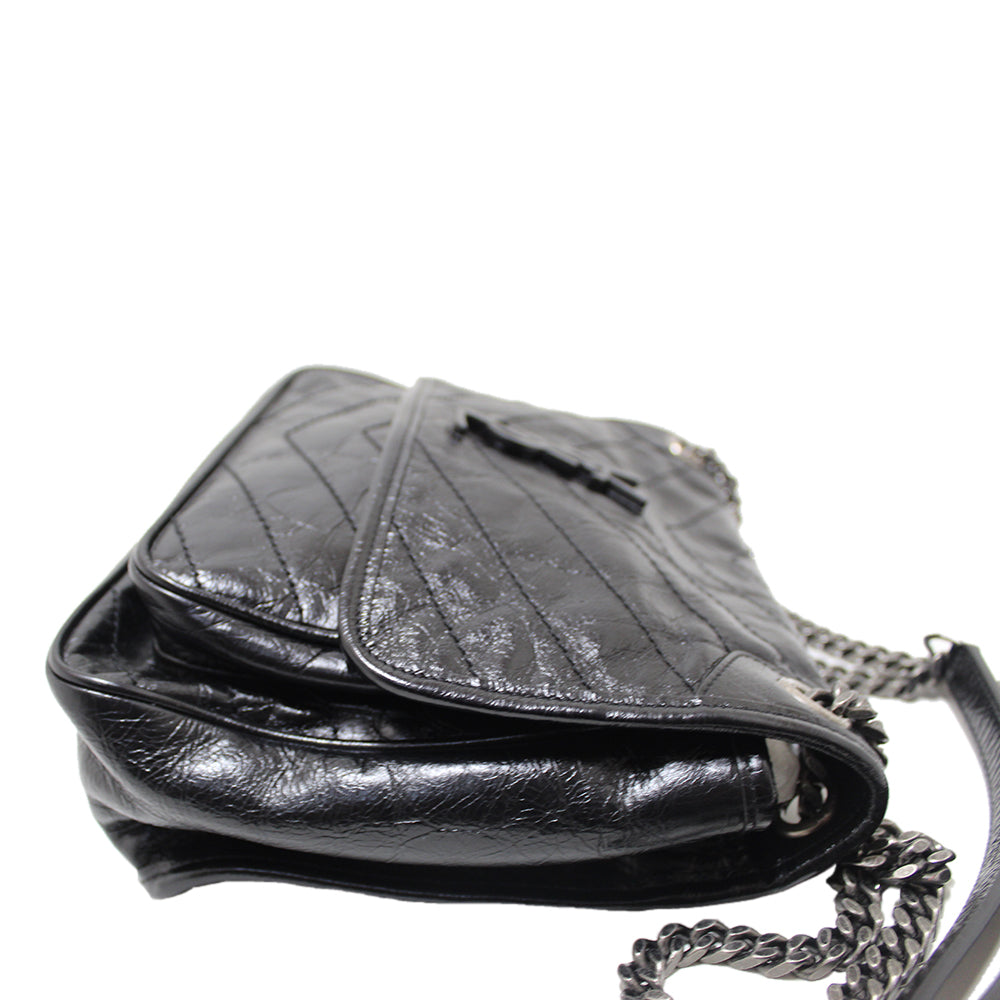 Authentic YSL Yves Saint Laurent Black Crinkled Leather Medium Niki Shoulder Bag