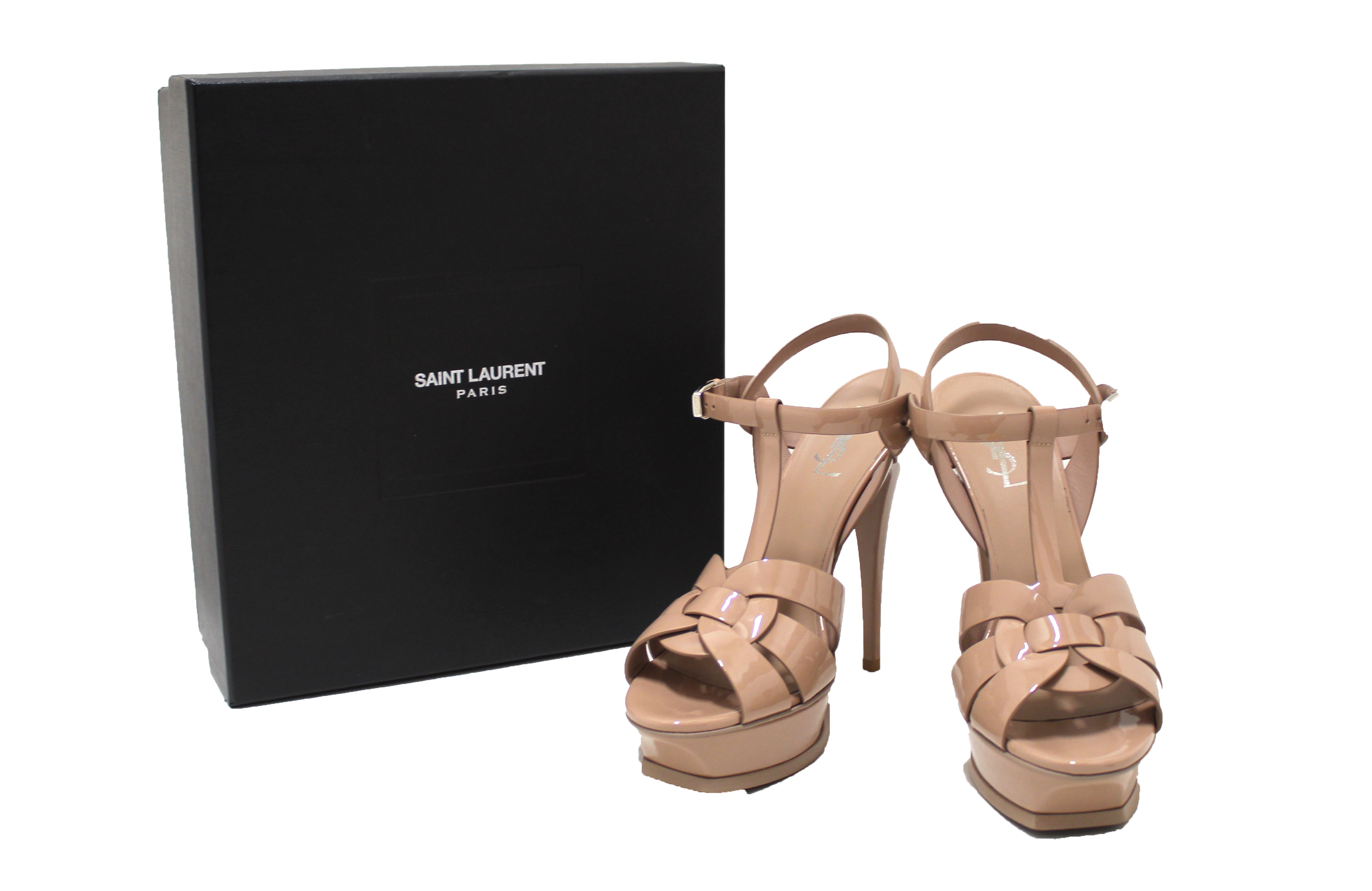 Authentic Yves Saint Laurent YSL Beige Patent Leather Tribute Platform Sandals Size 36